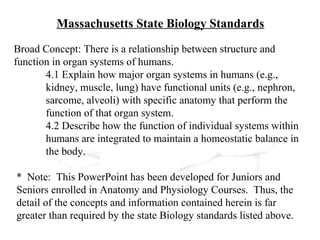 Massachusetts State Biology Standards

Broad Concept: There is a relationship between structure and
function in organ systems of humans.
       4.1 Explain how major organ systems in humans (e.g.,
       kidney, muscle, lung) have functional units (e.g., nephron,
       sarcome, alveoli) with specific anatomy that perform the
       function of that organ system.
       4.2 Describe how the function of individual systems within
       humans are integrated to maintain a homeostatic balance in
       the body.

* Note: This PowerPoint has been developed for Juniors and
Seniors enrolled in Anatomy and Physiology Courses. Thus, the
detail of the concepts and information contained herein is far
greater than required by the state Biology standards listed above.
 