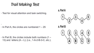 Trail Making Test
• Test for visual attention and task switching.
.
• In Part A, the circles are numbered 1 – 25
• In Part B, the circles include both numbers (1 –
13) and letters (A – L); (i.e., 1-A-2-B-3-C, etc.).
 