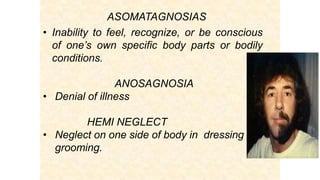 ASOMATAGNOSIAS
• Inability to feel, recognize, or be conscious
of one’s own specific body parts or bodily
conditions.
ANOSAGNOSIA
• Denial of illness
HEMI NEGLECT
• Neglect on one side of body in dressing and
grooming.
 