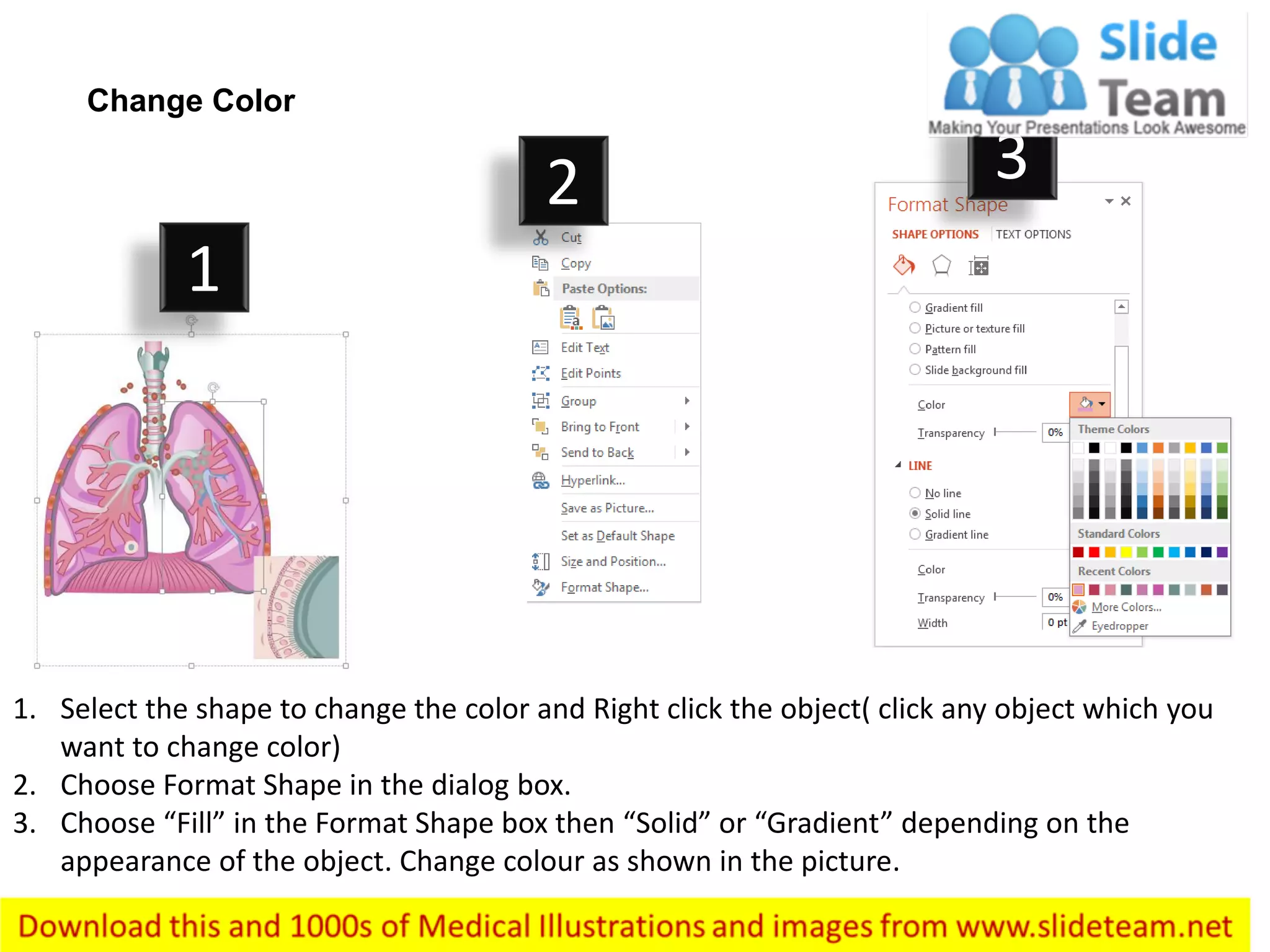 1. Select the shape to change the color and Right click the object( click any object which you
want to change color)
2. Choose Format Shape in the dialog box.
3. Choose “Fill” in the Format Shape box then “Solid” or “Gradient” depending on the
appearance of the object. Change colour as shown in the picture.
Change Color
1
2 3
 
