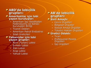 ABD’de lobicilik grupları: Amerikalılar için lobi yapan kuruluşlar: Amerikan İşçi Sendikaları Federasyonu ve Sanayi Kuruluşları Birliği Ticaret Odaları Amerikan Petrol Endüstrisi Silah Üreticileri Yabancılar için lobi yapan gruplar: Rum (Yunan) Lobisi Ermeni Lobisi İran Lobisi Arap Lobisi Yahudi Lobisi AB’de lobicilik grupları: Sivil Amaçlı: Çevre Örgütleri Bölgesel Örgütler Sosyal Amaçlı Örgütler Tüketici Hakları Örgütleri Üretici Odaklı: Ticari Profesyonel Meslek Örgütleri İşçi örgütleri  