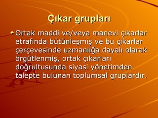 Çıkar grupları Ortak maddi ve/veya manevi çıkarlar etrafında bütünleşmiş ve bu çıkarlar çerçevesinde uzmanlığa dayalı olarak örgütlenmiş, ortak çıkarları doğrultusunda siyasi yönetimden talepte bulunan toplumsal gruplardır. 