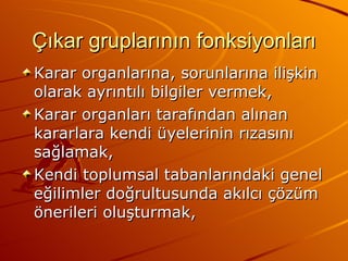 Çıkar gruplarının fonksiyonları Karar organlarına, sorunlarına ilişkin olarak ayrıntılı bilgiler vermek, Karar organları tarafından alınan kararlara kendi üyelerinin rızasını sağlamak, Kendi toplumsal tabanlarındaki genel eğilimler doğrultusunda akılcı çözüm önerileri oluşturmak,  