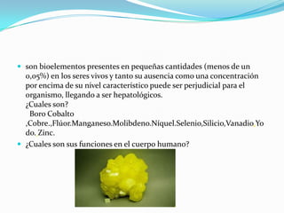  son bioelementos presentes en pequeñas cantidades (menos de un
0,05%) en los seres vivos y tanto su ausencia como una concentración
por encima de su nivel característico puede ser perjudicial para el
organismo, llegando a ser hepatológicos.
¿Cuales son?
Boro Cobalto
,Cobre.,Flúor.Manganeso.Molibdeno.Níquel.Selenio,Silicio,Vanadio.Yo
do. Zinc.
 ¿Cuales son sus funciones en el cuerpo humano?
 
