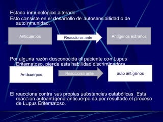 Estado inmunológico alterado.
Esto consiste en el desarrollo de autosensibilidad o de
autoinmunidad.
Por alguna razón desconocida el paciente con Lupus
Eritematoso, pierde esta habilidad discriminadora.
El reacciona contra sus propias substancias catabólicas. Esta
reacción autoantígeno-anticuerpo da por resultado el proceso
de Lupus Eritematoso.
auto antígenosAnticuerpos
Antígenos extrañosAnticuerpos Reacciona ante
Reacciona ante
 