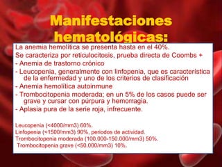 Manifestaciones
hematológicas:
La anemia hemolítica se presenta hasta en el 40%.
Se caracteriza por reticulocitosis, prueba directa de Coombs +
- Anemia de trastorno crónico
- Leucopenia, generalmente con linfopenia, que es característica
de la enfermedad y uno de los criterios de clasificación
- Anemia hemolítica autoinmune
- Trombocitopenia moderada; en un 5% de los casos puede ser
grave y cursar con púrpura y hemorragia.
- Aplasia pura de la serie roja, infrecuente.
Leucopenia (<4000/mm3) 60%.
Linfopenia (<1500/mm3) 90%, periodos de actividad.
Trombocitopenia moderada (100.000-150.000/mm3) 50%.
Trombocitopenia grave (<50.000/mm3) 10%.
 