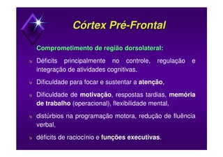 Córtex PréCórtex Pré--FrontalFrontal
Comprometimento de regiãoComprometimento de região dorsolateraldorsolateral::
υ Déficits principalmente no controle, regulação e
integração de atividades cognitivas.
υ Dificuldade para focar e sustentar a atenção,
υ Dificuldade de motivação, respostas tardias, memória
de trabalho (operacional), flexibilidade mental,
υ distúrbios na programação motora, redução de fluência
verbal,
υ déficits de raciocínio e funções executivas.
 