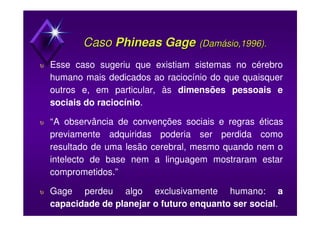 CasoCaso Phineas GagePhineas Gage ((DamásioDamásio,1996).,1996).
υ Esse caso sugeriu que existiam sistemas no cérebro
humano mais dedicados ao raciocínio do que quaisquer
outros e, em particular, às dimensões pessoais e
sociais do raciocínio.
υ “A observância de convenções sociais e regras éticas
previamente adquiridas poderia ser perdida como
resultado de uma lesão cerebral, mesmo quando nem o
intelecto de base nem a linguagem mostraram estar
comprometidos.”
υ Gage perdeu algo exclusivamente humano: a
capacidade de planejar o futuro enquanto ser social.
 