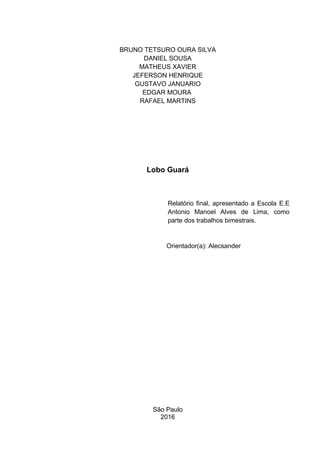 BRUNO TETSURO OURA SILVA
DANIEL SOUSA
MATHEUS XAVIER
JEFERSON HENRIQUE
GUSTAVO JANUARIO
EDGAR MOURA
RAFAEL MARTINS
Lobo Guará
Relatório final, apresentado a Escola E.E
Antonio Manoel Alves de Lima, como
parte dos trabalhos bimestrais.
Orientador(a): Alecsander
São Paulo
2016
 