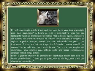 E você, meu irmão, minha irmã, qual dos dois lobos você tem alimentado
com mais frequência? A figura do lobo é significativa, uma vez que
representa o grau de animalidade que ainda rege as nossas ações. Enquanto o
ser humano não desenvolver todas as virtudes que o elevarão à categoria de
espírito superior, sempre haverá em sua intimidade um pouco dos
irracionais. E essa luta interna é que irá definindo o nosso amanhã, de
acordo com o lado que mais alimentamos. Por vezes, um simples ato
impensado, uma simples ação infeliz, pode nos trazer consequências
amargas por um longo tempo.
Paulo, o grande apóstolo do cristianismo, identificou muito bem essa luta
íntima quando disse: “O bem que eu quero, esse eu não faço, mas o mal que
não quero, esse eu faço”.
 
