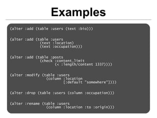 Examples
(alter :add (table :users (text :bio)))


(alter :add (table :users
              (text :location)
              (text :occupation)))


(alter :add (table :posts
              (check :content_limit
                     (< :length/content 1337))))


(alter :modify (table :users
                 (column :location
                         [:default "somewhere"])))


(alter :drop (table :users (column :occupation)))


(alter :rename (table :users
                 (column :location :to :origin)))
 