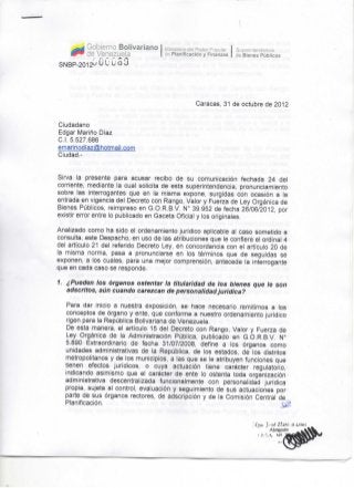 LEY ORGANICA DE BIENES PUBLICOS (ACLARATORIAS) parte1 oficio respuesta sudebip octubre 2012019