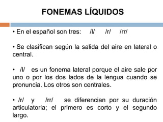 FONEMAS LÍQUIDOS

• En el español son tres:   /l/   /r/   /rr/

• Se clasifican según la salida del aire en lateral o
central.

• /l/ es un fonema lateral porque el aire sale por
uno o por los dos lados de la lengua cuando se
pronuncia. Los otros son centrales.

• /r/ y      /rr/  se diferencian por su duración
articulatoria; el primero es corto y el segundo
largo.
 