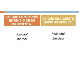 LO QUE LA MAYORÍA
                    LO QUE REALMENTE
 ENTENDIÓ DE SU
                     QUISO PROPONER:
   PROPUESTA:


     /kuidáo/           /kuidado/
      /berdá/            /berdad/
 