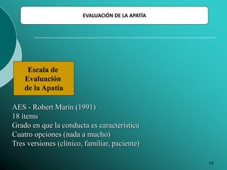 10
Escala de
Evaluación
de la Apatía
AES - Robert Marin (1991)
18 ítems
Grado en que la conducta es característica
Cuatro opciones (nada a mucho)
Tres versiones (clínico, familiar, paciente)
EVALUACIÓN DE LA APATÍA
 
