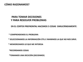 CÓMO RAZONAMOS?
PARA TOMAR DECISIONES
Y PARA RESOLVER PROBLEMAS
* COMPRENDEMOS EL PROBLEMA
* SELECCIONAMOS LA INFORMACIÓN ÚTIL E INHIBIMOS LA QUE NO NOS SIRVE.
* MEMORIZAMOS LO QUE ME INTERESA
EN EL CORTEX PREFRONTAL HACEMOS 5 COSAS SIMULTÁNEAMENTE:
*RECORDAMOS COSAS
*TOMAMOS UNA DECICIÓN (DECIDIMOS)
 