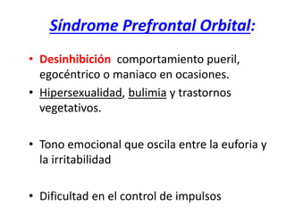 Síndrome Prefrontal Orbital:
• Desinhibición, comportamiento pueril,
egocéntrico o maniaco en ocasiones.
• Hipersexualidad, bulimia y trastornos
vegetativos.
• Tono emocional que oscila entre la euforia y
la irritabilidad
• Dificultad en el control de impulsos
 