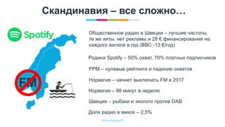 www.egta.com
Скандинавия – все сложно…
FM Норвегия – начнет выключать FM в 2017
Швеция – рыбаки и экологи против DAB
Общественное радио в Швеции – лучшие частоты,
те же хиты, нет рекламы и 28 € финансирования на
каждого жителя в год (BBC -13 €/год)
Родина Spotify – 50% охват, 70% платных подписчиков
PPM – нулевые рейтинги и падение охватов
Норвегия – 98 минут в неделю
Доля радио в миксе – 2,5%
 