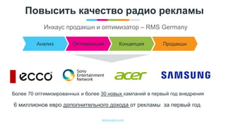 www.egta.com
Повысить качество радио рекламы
ПродакшнКонцепцияОптимизацияАнализ
Более 70 оптимизированных и более 30 новых кампаний в первый год внедрения
6 миллионов евро дополнительного дохода от рекламы за первый год
Инхаус продакшн и оптимизатор – RMS Germany
 