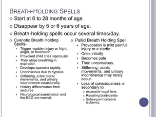 BREATH-HOLDING SPELLS
 Start at 6 to 28 months of age
 Disappear by 5 or 6 years of age.
 Breath-holding spells occur several times/day.
 Cyanotic Breath Holding
Spells-
 Trigger -sudden injury or fright,
anger, or frustration.
 Provoked child cries vigorously.
 Then stops breathing in
expiration
 Develops cyanosis rapidly.
 Unconscious due to hypoxia.
 Stiffening, a few clonic
movements, and urinary
incontinence occasionally.
 History differentiates from
seizures.
 Neurological examination and
the EEG are normal.
 Pallid Breath Holding Spell
 Provocation is mild painful
injury or a startle.
 Cries initially
 Becomes pale
 Then unconscious.
 Stiffening, clonic
movements, and urinary
incontinence may rarely
occur.
 Loss of consciousness is
secondary to
 excessive vagal tone,
 Resulting bradycardia
 Subsequent cerebral
ischemia.
 