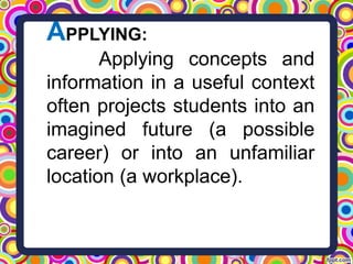 APPLYING:
Applying concepts and
information in a useful context
often projects students into an
imagined future (a possible
career) or into an unfamiliar
location (a workplace).
 