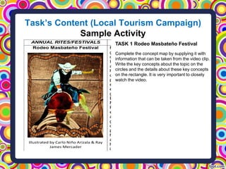 Task’s Content (Local Tourism Campaign)
Sample Activity
Local Heritage Themes What learners should know
about
W
ANNUAL RITES/FESTIVALS
Rodeo Masbateño Festival
Illustrated by Carlo Niño Arizala & Ray
James Mercader
Rodeo Masbateño Festival is the most
grandiose and unique episode that is
celebrated in the province of Masbate in April.
It is instituted to hoist the local cattle industry
as well as other trades and tourism, and
honor the way of life of ranch workers. It is
crystallized because of the province’s vast
pasture land and a mode that boosts the
economic status of Masbate. With the
extreme patronage of the locals and the
government which is evident through
Executive Order No. 120, s. 2002 declaring
Masbate as the Rodeo Capital of the
Philippines, it propagated into an exquisite
event that engrossed tourists in the country
and abroad. The festival embarks with a
grand parade of horseback riders. Mabateños
dress up in cowboy outfits and selected
people perform different stunts and livestock
handling such as but not limited to bull riding
and whipping, cattle lassoing on foot and on
horseback, and cattle wrestling. Side events
include street barn dance, livestock display,
and trade fair.
This festival is sustained and vital to
Masbateños for it brings happiness, unity and
strength to the lives of the people proliferating
Th
tog
life
Th
Ph
ex
oth
Ta
fes
Ap
Re
TASK 1 Rodeo Masbateño Festival
Complete the concept map by supplying it with
information that can be taken from the video clip.
Write the key concepts about the topic on the
circles and the details about these key concepts
on the rectangle. It is very important to closely
watch the video.
 