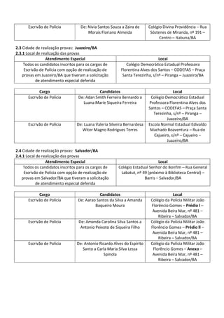Escrivão de Polícia De: Nivia Santos Souza a Zaira de
Morais Floriano Almeida
Colégio Divina Providência – Rua
Sóstenes de Miranda, nº 191 –
Centro – Itabuna/BA
2.3 Cidade de realização provas: Juazeiro/BA
2.3.1 Local de realização das provas
Atendimento Especial Local
Todos os candidatos inscritos para os cargos de
Escrivão de Polícia com opção de realização de
provas em Juazeiro/BA que tiveram a solicitação
de atendimento especial deferida
Colégio Democrático Estadual Professora
Florentina Alves dos Santos – CODEFAS – Praça
Santa Terezinha, s/nº – Piranga – Juazeiro/BA
Cargo Candidatos Local
Escrivão de Polícia De: Adan Smith Ferreira Bernardo a
Luana Marie Siqueira Ferreira
Colégio Democrático Estadual
Professora Florentina Alves dos
Santos – CODEFAS – Praça Santa
Terezinha, s/nº – Piranga –
Juazeiro/BA
Escrivão de Polícia De: Luana Valeria Silveira Bernardesa
Witor Magno Rodrigues Torres
Escola Normal Estadual Edivaldo
Machado Boaventura – Rua do
Cajueiro, s/nº – Cajueiro –
Juazeiro/BA
2.4 Cidade de realização provas: Salvador/BA
2.4.1 Local de realização das provas
Atendimento Especial Local
Todos os candidatos inscritos para os cargos de
Escrivão de Polícia com opção de realização de
provas em Salvador/BA que tiveram a solicitação
de atendimento especial deferida
Colégio Estadual Senhor do Bonfim – Rua General
Labatut, nº 49 (próximo à Biblioteca Central) –
Barris – Salvador/BA
Cargo Candidatos Local
Escrivão de Polícia De: Aarao Santos da Silva a Amanda
Baqueiro Moura
Colégio da Polícia Militar João
Florêncio Gomes – Prédio l –
Avenida Beira Mar, nº 481 –
Ribeira – Salvador/BA
Escrivão de Polícia De: Amanda Carolina Silva Santos a
Antonio Peixoto de Siqueira Filho
Colégio da Polícia Militar João
Florêncio Gomes – Prédio ll –
Avenida Beira Mar, nº 481 –
Ribeira – Salvador/BA
Escrivão de Polícia De: Antonio Ricardo Alves do Espírito
Santo a Carla Maria Silva Lessa
Spinola
Colégio da Polícia Militar João
Florêncio Gomes – Anexo –
Avenida Beira Mar, nº 481 –
Ribeira – Salvador/BA
 