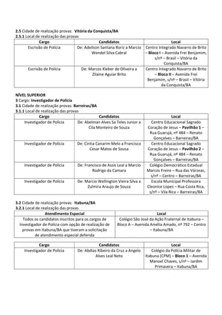 2.5 Cidade de realização provas: Vitória da Conquista/BA
2.5.1 Local de realização das provas
Cargo Candidatos Local
Escrivão de Polícia De: Adeilson Santana Roriz a Marcio
Wendel Silva Cabral
Centro Integrado Navarro de Brito
– Bloco I – Avenida Frei Benjamim,
s/nº – Brasil – Vitória da
Conquista/BA
Escrivão de Polícia De: Marcos Kleber de Oliveira a
Zilaine Aguiar Brito
Centro Integrado Navarro de Brito
– Bloco II – Avenida Frei
Benjamim, s/nº – Brasil – Vitória
da Conquista/BA
NÍVEL SUPERIOR
3 Cargo: Investigador de Polícia
3.1 Cidade de realização provas: Barreiras/BA
3.1.1 Local de realização das provas
Cargo Candidatos Local
Investigador de Polícia De: Abelman Alves Sa Teles Junior a
Cila Monteiro de Souza
Centro Educacional Sagrado
Coração de Jesus – Pavilhão 1 –
Rua Guarujá, nº 484 – Renato
Gonçalves – Barreiras/BA
Investigador de Polícia De: Cintia Canarim Melo a Francisco
Cesar Matos de Sousa
Centro Educacional Sagrado
Coração de Jesus – Pavilhão 2 –
Rua Guarujá, nº 484 – Renato
Gonçalves – Barreiras/BA
Investigador de Polícia De: Francisco de Assis Leal a Marcio
Rodrigo da Camara
Colégio Democrático Estadual
Marcos Freire – Rua das Várzeas,
s/nº – Centro – Barreiras/BA
Investigador de Polícia De: Marcio Wellington Vieira Silva a
Zulmira Araujo de Souza
Escola Municipal Professora
Cleonice Lopes – Rua Costa Rica,
s/nº – Vila Rica – Barreiras/BA
3.2 Cidade de realização provas: Itabuna/BA
3.2.1 Local de realização das provas
Atendimento Especial Local
Todos os candidatos inscritos para os cargos de
Investigador de Polícia com opção de realização de
provas em Itabuna/BA que tiveram a solicitação
de atendimento especial deferida
Colégio São José da Ação Fraternal de Itabuna –
Bloco A – Avenida Amélia Amado, nº 792 – Centro
– Itabuna/BA
Cargo Candidatos Local
Investigador de Polícia De: Abdias Ribeiro da Cruz a Angelo
Alves Leal Neto
Colégio da Polícia Militar de
Itabuna (CPM) – Bloco 1 – Avenida
Manoel Chaves, s/nº – Jardim
Primavera – Itabuna/BA
 