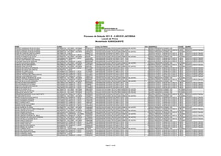 Processo de Seleção 2011.2 - ILHÉUS E JACOBINA
                                                                                             Locais de Prova
                                                                                       Modalidade SUBSEQUENTE

NOME                                   CURSO                                  RG            LOCAL DA PROVA                                     SALA    ENDEREÇO                                CIDADE     BAIRRO
AUGUSTO HENRIQUE REGIS DA CRUZ         INFORMÁTICA - NOTURNO - JACOBINA       0272501212    CENTRO EDUCACIONAL DEOCLECIANO BARBOSA DE CASTRO       8   PRAÇA PRESIDENTE KENNEDY 200            JACOBINA   ESTACAO
AUGUSTO SÉRGIO SILVA DE OLIVEIRA       SEGURANÇA DO TRABALHO - ILHÉUS         1446616835    UNIVERSIDADE ESTADUAL DE SANTA CRUZ - UESC            34   RODOVIA ILHÉUS - ITABUNA BR 415 KM 16   ILHÉUS     RODOVIA ILHÉUS ITABUNA
AURELIA ADRIANA ALENCAR MOREIRA        INFORMÁTICA - NOTURNO - JACOBINA       0795709170    CENTRO EDUCACIONAL DEOCLECIANO BARBOSA DE CASTRO       8   PRAÇA PRESIDENTE KENNEDY 200            JACOBINA   ESTACAO
AURELINO CARDOSO SANTOS JUNIOR         INFORMÁTICA - ILHÉUS                   0984897712    UNIVERSIDADE ESTADUAL DE SANTA CRUZ - UESC             3   RODOVIA ILHÉUS - ITABUNA BR 415 KM 16   ILHÉUS     RODOVIA ILHÉUS ITABUNA
AURELIO SANTOS BORGES NETO             SEGURANÇA DO TRABALHO - ILHÉUS         1321086156    UNIVERSIDADE ESTADUAL DE SANTA CRUZ - UESC            35   RODOVIA ILHÉUS - ITABUNA BR 415 KM 16   ILHÉUS     RODOVIA ILHÉUS ITABUNA
AURICELIO ERNESTO DE SOUZA             INFORMÁTICA - NOTURNO - JACOBINA       2054055       CENTRO EDUCACIONAL DEOCLECIANO BARBOSA DE CASTRO       8   PRAÇA PRESIDENTE KENNEDY 200            JACOBINA   ESTACAO
AURISTELLE MARIA SANTOSA               SEGURANÇA DO TRABALHO - ILHÉUS         1337031690    UNIVERSIDADE ESTADUAL DE SANTA CRUZ - UESC            35   RODOVIA ILHÉUS - ITABUNA BR 415 KM 16   ILHÉUS     RODOVIA ILHÉUS ITABUNA
AVELINO JOSÉ PEREIRA DOS SANTOS        INFORMÁTICA - ILHÉUS                   06656533092   UNIVERSIDADE ESTADUAL DE SANTA CRUZ - UESC             3   RODOVIA ILHÉUS - ITABUNA BR 415 KM 16   ILHÉUS     RODOVIA ILHÉUS ITABUNA
AVIOFABIO SANTOS DE SANTANA            SEGURANÇA DO TRABALHO - ILHÉUS         0809367688    UNIVERSIDADE ESTADUAL DE SANTA CRUZ - UESC            35   RODOVIA ILHÉUS - ITABUNA BR 415 KM 16   ILHÉUS     RODOVIA ILHÉUS ITABUNA
AYRTON VILAS BOAS ALMEIDA              INFORMÁTICA - NOTURNO - JACOBINA       1276863390    CENTRO EDUCACIONAL DEOCLECIANO BARBOSA DE CASTRO       8   PRAÇA PRESIDENTE KENNEDY 200            JACOBINA   ESTACAO
BARBARA ALVES NASCIMENTO//             SEGURANÇA DO TRABALHO - ILHÉUS         1007213973    UNIVERSIDADE ESTADUAL DE SANTA CRUZ - UESC            35   RODOVIA ILHÉUS - ITABUNA BR 415 KM 16   ILHÉUS     RODOVIA ILHÉUS ITABUNA
BARBARA CRUZ DOS REIS                  INFORMÁTICA - NOTURNO - JACOBINA       500081803     CENTRO EDUCACIONAL DEOCLECIANO BARBOSA DE CASTRO       8   PRAÇA PRESIDENTE KENNEDY 200            JACOBINA   ESTACAO
BARBARA DE CARVALHO BARBOSA            SEGURANÇA DO TRABALHO - ILHÉUS         0972133496    UNIVERSIDADE ESTADUAL DE SANTA CRUZ - UESC            35   RODOVIA ILHÉUS - ITABUNA BR 415 KM 16   ILHÉUS     RODOVIA ILHÉUS ITABUNA
BARBARA DE JESUS DOS SANTOS            INFORMÁTICA - ILHÉUS                   147246608     UNIVERSIDADE ESTADUAL DE SANTA CRUZ - UESC             3   RODOVIA ILHÉUS - ITABUNA BR 415 KM 16   ILHÉUS     RODOVIA ILHÉUS ITABUNA
BÁRBARA DE LEMOS SILVA                 SEGURANÇA DO TRABALHO - ILHÉUS         1475293283    UNIVERSIDADE ESTADUAL DE SANTA CRUZ - UESC            35   RODOVIA ILHÉUS - ITABUNA BR 415 KM 16   ILHÉUS     RODOVIA ILHÉUS ITABUNA
BÁRBARA GOMES ANDRADE                  SEGURANÇA DO TRABALHO - ILHÉUS         1479115401    UNIVERSIDADE ESTADUAL DE SANTA CRUZ - UESC            35   RODOVIA ILHÉUS - ITABUNA BR 415 KM 16   ILHÉUS     RODOVIA ILHÉUS ITABUNA
BARBARA JACQUELLINE LEMOS SANTOS       SEGURANÇA DO TRABALHO - ILHÉUS         1423736567    UNIVERSIDADE ESTADUAL DE SANTA CRUZ - UESC            35   RODOVIA ILHÉUS - ITABUNA BR 415 KM 16   ILHÉUS     RODOVIA ILHÉUS ITABUNA
BARBARA LUIZA MENEZES LAGO             SEGURANÇA DO TRABALHO - ILHÉUS         1280931370    UNIVERSIDADE ESTADUAL DE SANTA CRUZ - UESC            35   RODOVIA ILHÉUS - ITABUNA BR 415 KM 16   ILHÉUS     RODOVIA ILHÉUS ITABUNA
BARBARA SAMILLE MOREIRA DE SOUSA       INFORMÁTICA - NOTURNO - JACOBINA       1469430746    CENTRO EDUCACIONAL DEOCLECIANO BARBOSA DE CASTRO       8   PRAÇA PRESIDENTE KENNEDY 200            JACOBINA   ESTACAO
BARBARA VICTORIA ANDRADE BUSS          SEGURANÇA DO TRABALHO - ILHÉUS         0624356341    UNIVERSIDADE ESTADUAL DE SANTA CRUZ - UESC            35   RODOVIA ILHÉUS - ITABUNA BR 415 KM 16   ILHÉUS     RODOVIA ILHÉUS ITABUNA
BARTYRA SILVA ALVES CORDEIRO           INFORMÁTICA - NOTURNO - JACOBINA       0602657954    CENTRO EDUCACIONAL DEOCLECIANO BARBOSA DE CASTRO       8   PRAÇA PRESIDENTE KENNEDY 200            JACOBINA   ESTACAO
BEATRIZ DO REIS NASCIMENTO             SEGURANÇA DO TRABALHO - ILHÉUS         0922236305    UNIVERSIDADE ESTADUAL DE SANTA CRUZ - UESC            35   RODOVIA ILHÉUS - ITABUNA BR 415 KM 16   ILHÉUS     RODOVIA ILHÉUS ITABUNA
BEATRIZ MENDES DE OLIVEIRA             SEGURANÇA DO TRABALHO - ILHÉUS         1423869877    UNIVERSIDADE ESTADUAL DE SANTA CRUZ - UESC            35   RODOVIA ILHÉUS - ITABUNA BR 415 KM 16   ILHÉUS     RODOVIA ILHÉUS ITABUNA
BENEDITO ANTONIO DOS SANTOS            SEGURANÇA DO TRABALHO - ILHÉUS         0080419623    UNIVERSIDADE ESTADUAL DE SANTA CRUZ - UESC            35   RODOVIA ILHÉUS - ITABUNA BR 415 KM 16   ILHÉUS     RODOVIA ILHÉUS ITABUNA
BENEVALDO ROSA SILVA                   SEGURANÇA DO TRABALHO - ILHÉUS         1012296903    UNIVERSIDADE ESTADUAL DE SANTA CRUZ - UESC            35   RODOVIA ILHÉUS - ITABUNA BR 415 KM 16   ILHÉUS     RODOVIA ILHÉUS ITABUNA
BENICIO OLIVEIRA SILVA                 INFORMÁTICA - NOTURNO - JACOBINA       0886100550    CENTRO EDUCACIONAL DEOCLECIANO BARBOSA DE CASTRO       8   PRAÇA PRESIDENTE KENNEDY 200            JACOBINA   ESTACAO
BENILTON DA SILVA COELHO               INFORMÁTICA - NOTURNO - JACOBINA       0976498561    CENTRO EDUCACIONAL DEOCLECIANO BARBOSA DE CASTRO       9   PRAÇA PRESIDENTE KENNEDY 200            JACOBINA   ESTACAO
BERNADETE SANTOS LIMA                  INFORMÁTICA - NOTURNO - JACOBINA       0518222705    CENTRO EDUCACIONAL DEOCLECIANO BARBOSA DE CASTRO       9   PRAÇA PRESIDENTE KENNEDY 200            JACOBINA   ESTACAO
BERNARDINO MARQUES CAVALCANTE NETO     SEGURANÇA DO TRABALHO - ILHÉUS         0203592093    UNIVERSIDADE ESTADUAL DE SANTA CRUZ - UESC            35   RODOVIA ILHÉUS - ITABUNA BR 415 KM 16   ILHÉUS     RODOVIA ILHÉUS ITABUNA
BETANIA SANTOS SILVA                   INFORMÁTICA - NOTURNO - JACOBINA       1476385777    CENTRO EDUCACIONAL DEOCLECIANO BARBOSA DE CASTRO       9   PRAÇA PRESIDENTE KENNEDY 200            JACOBINA   ESTACAO
BIANCA ALVES SILVA DOS SANTOS          SEGURANÇA DO TRABALHO - ILHÉUS         1402737009    UNIVERSIDADE ESTADUAL DE SANTA CRUZ - UESC            35   RODOVIA ILHÉUS - ITABUNA BR 415 KM 16   ILHÉUS     RODOVIA ILHÉUS ITABUNA
BIANCCA BORGES FERREIRA                SEGURANÇA DO TRABALHO - ILHÉUS         1489203060    UNIVERSIDADE ESTADUAL DE SANTA CRUZ - UESC            35   RODOVIA ILHÉUS - ITABUNA BR 415 KM 16   ILHÉUS     RODOVIA ILHÉUS ITABUNA
BRAULIO ROBERTO SOARES                 SEGURANÇA DO TRABALHO - ILHÉUS         0150004192    UNIVERSIDADE ESTADUAL DE SANTA CRUZ - UESC            35   RODOVIA ILHÉUS - ITABUNA BR 415 KM 16   ILHÉUS     RODOVIA ILHÉUS ITABUNA
BRAZ CLARINDO NETO                     SEGURANÇA DO TRABALHO - ILHÉUS         1462943357    UNIVERSIDADE ESTADUAL DE SANTA CRUZ - UESC            35   RODOVIA ILHÉUS - ITABUNA BR 415 KM 16   ILHÉUS     RODOVIA ILHÉUS ITABUNA
BRENDA DA MATA DA GOMES                SEGURANÇA DO TRABALHO - ILHÉUS         1445110610    UNIVERSIDADE ESTADUAL DE SANTA CRUZ - UESC            35   RODOVIA ILHÉUS - ITABUNA BR 415 KM 16   ILHÉUS     RODOVIA ILHÉUS ITABUNA
BRENDA PALMA AMORIM                    SEGURANÇA DO TRABALHO - ILHÉUS         1553648552    UNIVERSIDADE ESTADUAL DE SANTA CRUZ - UESC            35   RODOVIA ILHÉUS - ITABUNA BR 415 KM 16   ILHÉUS     RODOVIA ILHÉUS ITABUNA
BRUNA BARBOZA OLIVEIRA                 INFORMÁTICA - NOTURNO - JACOBINA       1404824588    CENTRO EDUCACIONAL DEOCLECIANO BARBOSA DE CASTRO       9   PRAÇA PRESIDENTE KENNEDY 200            JACOBINA   ESTACAO
BRUNA CALIANE SILVA FLORES GONÇALVES   SEGURANÇA DO TRABALHO - ILHÉUS         1378846567    UNIVERSIDADE ESTADUAL DE SANTA CRUZ - UESC            35   RODOVIA ILHÉUS - ITABUNA BR 415 KM 16   ILHÉUS     RODOVIA ILHÉUS ITABUNA
BRUNA CARVALHO DA SILVA                INFORMÁTICA - NOTURNO - JACOBINA       1436206901    CENTRO EDUCACIONAL DEOCLECIANO BARBOSA DE CASTRO       9   PRAÇA PRESIDENTE KENNEDY 200            JACOBINA   ESTACAO
BRUNA CIRINEU CHAGAS                   SEGURANÇA DO TRABALHO - ILHÉUS         0939301865    UNIVERSIDADE ESTADUAL DE SANTA CRUZ - UESC            35   RODOVIA ILHÉUS - ITABUNA BR 415 KM 16   ILHÉUS     RODOVIA ILHÉUS ITABUNA
BRUNA CONCEIÇÃO SANTOS                 INFORMÁTICA - VESPERTINO - JACOBINA    1503598020    CENTRO EDUCACIONAL DEOCLECIANO BARBOSA DE CASTRO       1   PRAÇA PRESIDENTE KENNEDY 200            JACOBINA   ESTACAO
BRUNA GRAZIELA PEREIRA DE JESUS        SEGURANÇA DO TRABALHO - ILHÉUS         1400424747    UNIVERSIDADE ESTADUAL DE SANTA CRUZ - UESC            35   RODOVIA ILHÉUS - ITABUNA BR 415 KM 16   ILHÉUS     RODOVIA ILHÉUS ITABUNA
BRUNA PRISCILA DE CARVALHO FERREIRA    INFORMÁTICA - NOTURNO - JACOBINA       1478936584    CENTRO EDUCACIONAL DEOCLECIANO BARBOSA DE CASTRO       9   PRAÇA PRESIDENTE KENNEDY 200            JACOBINA   ESTACAO
BRUNA RAFAELLA OLIVEIRA SILVA          SEGURANÇA DO TRABALHO - ILHÉUS         0984789740    UNIVERSIDADE ESTADUAL DE SANTA CRUZ - UESC            35   RODOVIA ILHÉUS - ITABUNA BR 415 KM 16   ILHÉUS     RODOVIA ILHÉUS ITABUNA
BRUNA SANTOS SANTIAGO                  INFORMÁTICA - NOTURNO - JACOBINA       1468445480    CENTRO EDUCACIONAL DEOCLECIANO BARBOSA DE CASTRO       9   PRAÇA PRESIDENTE KENNEDY 200            JACOBINA   ESTACAO
BRUNA SOARES SANTOS                    SEGURANÇA DO TRABALHO - ILHÉUS         1348136936    UNIVERSIDADE ESTADUAL DE SANTA CRUZ - UESC            35   RODOVIA ILHÉUS - ITABUNA BR 415 KM 16   ILHÉUS     RODOVIA ILHÉUS ITABUNA
BRUNA VIEIRA FAISLON                   SEGURANÇA DO TRABALHO - ILHÉUS         1388066165    UNIVERSIDADE ESTADUAL DE SANTA CRUZ - UESC            35   RODOVIA ILHÉUS - ITABUNA BR 415 KM 16   ILHÉUS     RODOVIA ILHÉUS ITABUNA
BRUNO BACEGA DOS SANTOS                SEGURANÇA DO TRABALHO - ILHÉUS         1263364152    UNIVERSIDADE ESTADUAL DE SANTA CRUZ - UESC            35   RODOVIA ILHÉUS - ITABUNA BR 415 KM 16   ILHÉUS     RODOVIA ILHÉUS ITABUNA
BRUNO BRASIL DE ALMEIDA                INFORMÁTICA - ILHÉUS                   0939486032    UNIVERSIDADE ESTADUAL DE SANTA CRUZ - UESC             3   RODOVIA ILHÉUS - ITABUNA BR 415 KM 16   ILHÉUS     RODOVIA ILHÉUS ITABUNA
BRUNO CORREIA SILVA                    INFORMÁTICA - VESPERTINO - JACOBINA    49112675      CENTRO EDUCACIONAL DEOCLECIANO BARBOSA DE CASTRO       1   PRAÇA PRESIDENTE KENNEDY 200            JACOBINA   ESTACAO
BRUNO DA COSTA SANTOS                  SEGURANÇA DO TRABALHO - ILHÉUS         1351263200    UNIVERSIDADE ESTADUAL DE SANTA CRUZ - UESC            35   RODOVIA ILHÉUS - ITABUNA BR 415 KM 16   ILHÉUS     RODOVIA ILHÉUS ITABUNA
BRUNO DOS SANTOS OLIVEIRA              SEGURANÇA DO TRABALHO - ILHÉUS         1481835815    UNIVERSIDADE ESTADUAL DE SANTA CRUZ - UESC            35   RODOVIA ILHÉUS - ITABUNA BR 415 KM 16   ILHÉUS     RODOVIA ILHÉUS ITABUNA
BRUNO FERREIRA VIEIRA                  INFORMÁTICA - ILHÉUS                   1397454679    UNIVERSIDADE ESTADUAL DE SANTA CRUZ - UESC             3   RODOVIA ILHÉUS - ITABUNA BR 415 KM 16   ILHÉUS     RODOVIA ILHÉUS ITABUNA
BRUNO GUIMARÃES BORBA                  SEGURANÇA DO TRABALHO - ILHÉUS         1285385705    UNIVERSIDADE ESTADUAL DE SANTA CRUZ - UESC            35   RODOVIA ILHÉUS - ITABUNA BR 415 KM 16   ILHÉUS     RODOVIA ILHÉUS ITABUNA




                                                                                                        Página 11 de 89
 
