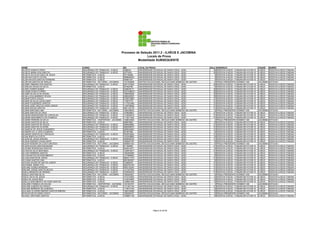 Processo de Seleção 2011.2 - ILHÉUS E JACOBINA
                                                                                                 Locais de Prova
                                                                                           Modalidade SUBSEQUENTE

NOME                                       CURSO                                  RG            LOCAL DA PROVA                                     SALA    ENDEREÇO                                CIDADE     BAIRRO
GILDETE DONATO PIRES                       SEGURANÇA DO TRABALHO - ILHÉUS         3398332       UNIVERSIDADE ESTADUAL DE SANTA CRUZ - UESC            50   RODOVIA ILHÉUS - ITABUNA BR 415 KM 16   ILHÉUS     RODOVIA ILHÉUS ITABUNA
GILDETE MÁRIA DOS SANTOS                   SEGURANÇA DO TRABALHO - ILHÉUS         03775091      UNIVERSIDADE ESTADUAL DE SANTA CRUZ - UESC            50   RODOVIA ILHÉUS - ITABUNA BR 415 KM 16   ILHÉUS     RODOVIA ILHÉUS ITABUNA
GILDETE SILVA DA CRUZ DE JESUS             INFORMÁTICA - ILHÉUS                   537146556     UNIVERSIDADE ESTADUAL DE SANTA CRUZ - UESC             9   RODOVIA ILHÉUS - ITABUNA BR 415 KM 16   ILHÉUS     RODOVIA ILHÉUS ITABUNA
GILDEVAN COSTA COTIAS                      INFORMÁTICA - ILHÉUS                   0898582202    UNIVERSIDADE ESTADUAL DE SANTA CRUZ - UESC             9   RODOVIA ILHÉUS - ITABUNA BR 415 KM 16   ILHÉUS     RODOVIA ILHÉUS ITABUNA
GILDEVAN DOS SANTOS FERREIRA               INFORMÁTICA - ILHÉUS                   545851041     UNIVERSIDADE ESTADUAL DE SANTA CRUZ - UESC             9   RODOVIA ILHÉUS - ITABUNA BR 415 KM 16   ILHÉUS     RODOVIA ILHÉUS ITABUNA
GILDEVAN SANTOS DE ARAUJO                  INFORMÁTICA - NOTURNO - JACOBINA       1331305098    CENTRO EDUCACIONAL DEOCLECIANO BARBOSA DE CASTRO      13   PRAÇA PRESIDENTE KENNEDY 200            JACOBINA   ESTACAO
GILDNEY RIBEIRO DOS SANTOS                 SEGURANÇA DO TRABALHO - ILHÉUS         0427107822    UNIVERSIDADE ESTADUAL DE SANTA CRUZ - UESC            50   RODOVIA ILHÉUS - ITABUNA BR 415 KM 16   ILHÉUS     RODOVIA ILHÉUS ITABUNA
GILENILDO SOUZA DA SILVA                   INFORMÁTICA - ILHÉUS                   547562780     UNIVERSIDADE ESTADUAL DE SANTA CRUZ - UESC            10   RODOVIA ILHÉUS - ITABUNA BR 415 KM 16   ILHÉUS     RODOVIA ILHÉUS ITABUNA
GILENO GOMES NUNES                         SEGURANÇA DO TRABALHO - ILHÉUS         0406536171    UNIVERSIDADE ESTADUAL DE SANTA CRUZ - UESC            50   RODOVIA ILHÉUS - ITABUNA BR 415 KM 16   ILHÉUS     RODOVIA ILHÉUS ITABUNA
GILGENE DONATO PIRES                       SEGURANÇA DO TRABALHO - ILHÉUS         02274389371   UNIVERSIDADE ESTADUAL DE SANTA CRUZ - UESC            50   RODOVIA ILHÉUS - ITABUNA BR 415 KM 16   ILHÉUS     RODOVIA ILHÉUS ITABUNA
GILIANE DA SILVA DE SOUSA                  SEGURANÇA DO TRABALHO - ILHÉUS         1556293526    UNIVERSIDADE ESTADUAL DE SANTA CRUZ - UESC            50   RODOVIA ILHÉUS - ITABUNA BR 415 KM 16   ILHÉUS     RODOVIA ILHÉUS ITABUNA
GILMA LUCIA MARINHO SOUSA                  SEGURANÇA DO TRABALHO - ILHÉUS         0385493525    UNIVERSIDADE ESTADUAL DE SANTA CRUZ - UESC            50   RODOVIA ILHÉUS - ITABUNA BR 415 KM 16   ILHÉUS     RODOVIA ILHÉUS ITABUNA
GILMAR COSTA SOUZA                         SEGURANÇA DO TRABALHO - ILHÉUS         0729073980    UNIVERSIDADE ESTADUAL DE SANTA CRUZ - UESC            51   RODOVIA ILHÉUS - ITABUNA BR 415 KM 16   ILHÉUS     RODOVIA ILHÉUS ITABUNA
GILMAR DA SILVA CAVALCANTI                 SEGURANÇA DO TRABALHO - ILHÉUS         173670776     UNIVERSIDADE ESTADUAL DE SANTA CRUZ - UESC            51   RODOVIA ILHÉUS - ITABUNA BR 415 KM 16   ILHÉUS     RODOVIA ILHÉUS ITABUNA
GILMAR FIGUEIREDO SANTOS                   SEGURANÇA DO TRABALHO - ILHÉUS         1117831949    UNIVERSIDADE ESTADUAL DE SANTA CRUZ - UESC            51   RODOVIA ILHÉUS - ITABUNA BR 415 KM 16   ILHÉUS     RODOVIA ILHÉUS ITABUNA
GILMAR JOSÉ CRUZ DA HORA JÚNIOR            SEGURANÇA DO TRABALHO - ILHÉUS         1158708068    UNIVERSIDADE ESTADUAL DE SANTA CRUZ - UESC            51   RODOVIA ILHÉUS - ITABUNA BR 415 KM 16   ILHÉUS     RODOVIA ILHÉUS ITABUNA
GILMAR ROCHA SANTOS                        SEGURANÇA DO TRABALHO - ILHÉUS         0801152178    UNIVERSIDADE ESTADUAL DE SANTA CRUZ - UESC            51   RODOVIA ILHÉUS - ITABUNA BR 415 KM 16   ILHÉUS     RODOVIA ILHÉUS ITABUNA
GILMAR SANTANA LIMA                        INFORMÁTICA - NOTURNO - JACOBINA       1365328023    CENTRO EDUCACIONAL DEOCLECIANO BARBOSA DE CASTRO      13   PRAÇA PRESIDENTE KENNEDY 200            JACOBINA   ESTACAO
GILMAR SANTOS DA CRUZ                      SEGURANÇA DO TRABALHO - ILHÉUS         1278626921    UNIVERSIDADE ESTADUAL DE SANTA CRUZ - UESC            51   RODOVIA ILHÉUS - ITABUNA BR 415 KM 16   ILHÉUS     RODOVIA ILHÉUS ITABUNA
GILMARA MARCEDONIA DE CARVALHO             SEGURANÇA DO TRABALHO - ILHÉUS         1133052819    UNIVERSIDADE ESTADUAL DE SANTA CRUZ - UESC            51   RODOVIA ILHÉUS - ITABUNA BR 415 KM 16   ILHÉUS     RODOVIA ILHÉUS ITABUNA
GILMARA NASCIMENTO DA FONSECA              SEGURANÇA DO TRABALHO - ILHÉUS         1115011642    UNIVERSIDADE ESTADUAL DE SANTA CRUZ - UESC            51   RODOVIA ILHÉUS - ITABUNA BR 415 KM 16   ILHÉUS     RODOVIA ILHÉUS ITABUNA
GILMARA PEREIRA DA SILVA                   INFORMÁTICA - VESPERTINO - JACOBINA    1468034006    CENTRO EDUCACIONAL DEOCLECIANO BARBOSA DE CASTRO       3   PRAÇA PRESIDENTE KENNEDY 200            JACOBINA   ESTACAO
GILMARA SANTOS DA SILVA                    INFORMÁTICA - ILHÉUS                   499878802     UNIVERSIDADE ESTADUAL DE SANTA CRUZ - UESC            10   RODOVIA ILHÉUS - ITABUNA BR 415 KM 16   ILHÉUS     RODOVIA ILHÉUS ITABUNA
GILMARA SANTOS DE SOUZA                    SEGURANÇA DO TRABALHO - ILHÉUS         0900649682    UNIVERSIDADE ESTADUAL DE SANTA CRUZ - UESC            51   RODOVIA ILHÉUS - ITABUNA BR 415 KM 16   ILHÉUS     RODOVIA ILHÉUS ITABUNA
GILMARA SANTOS OLIVEIRA                    SEGURANÇA DO TRABALHO - ILHÉUS         0892099070    UNIVERSIDADE ESTADUAL DE SANTA CRUZ - UESC            51   RODOVIA ILHÉUS - ITABUNA BR 415 KM 16   ILHÉUS     RODOVIA ILHÉUS ITABUNA
GILMARCIA DE JESUS GUIMARÃES               SEGURANÇA DO TRABALHO - ILHÉUS         0985040963    UNIVERSIDADE ESTADUAL DE SANTA CRUZ - UESC            51   RODOVIA ILHÉUS - ITABUNA BR 415 KM 16   ILHÉUS     RODOVIA ILHÉUS ITABUNA
GILMÁRIO GIL A. DOS S.ALMEIDA              INFORMÁTICA - ILHÉUS                   951907590     UNIVERSIDADE ESTADUAL DE SANTA CRUZ - UESC            10   RODOVIA ILHÉUS - ITABUNA BR 415 KM 16   ILHÉUS     RODOVIA ILHÉUS ITABUNA
GILMARIO SANTOS DE CARVALHO                SEGURANÇA DO TRABALHO - ILHÉUS         0833878204    UNIVERSIDADE ESTADUAL DE SANTA CRUZ - UESC            51   RODOVIA ILHÉUS - ITABUNA BR 415 KM 16   ILHÉUS     RODOVIA ILHÉUS ITABUNA
GILNAI BISPO DA COSTA                      INFORMÁTICA - ILHÉUS                   1432459880    UNIVERSIDADE ESTADUAL DE SANTA CRUZ - UESC            10   RODOVIA ILHÉUS - ITABUNA BR 415 KM 16   ILHÉUS     RODOVIA ILHÉUS ITABUNA
GILSON DE JESUS ARAGÃO                     SEGURANÇA DO TRABALHO - ILHÉUS         0849456720    UNIVERSIDADE ESTADUAL DE SANTA CRUZ - UESC            51   RODOVIA ILHÉUS - ITABUNA BR 415 KM 16   ILHÉUS     RODOVIA ILHÉUS ITABUNA
GILSON PARAISO CAVALCANTE                  INFORMÁTICA - ILHÉUS                   1465547797    UNIVERSIDADE ESTADUAL DE SANTA CRUZ - UESC            10   RODOVIA ILHÉUS - ITABUNA BR 415 KM 16   ILHÉUS     RODOVIA ILHÉUS ITABUNA
GILSON PEREIRA DA COSTA MACÊDO             INFORMÁTICA - NOTURNO - JACOBINA       0959591303    CENTRO EDUCACIONAL DEOCLECIANO BARBOSA DE CASTRO      13   PRAÇA PRESIDENTE KENNEDY 200            JACOBINA   ESTACAO
GILSON SOUZA SANTASUSAGNA                  SEGURANÇA DO TRABALHO - ILHÉUS         911209930     UNIVERSIDADE ESTADUAL DE SANTA CRUZ - UESC            51   RODOVIA ILHÉUS - ITABUNA BR 415 KM 16   ILHÉUS     RODOVIA ILHÉUS ITABUNA
GILSONEI RODRIGUES SANTOS                  INFORMÁTICA - ILHÉUS                   0532515471    UNIVERSIDADE ESTADUAL DE SANTA CRUZ - UESC            10   RODOVIA ILHÉUS - ITABUNA BR 415 KM 16   ILHÉUS     RODOVIA ILHÉUS ITABUNA
GILVAN DA SILVA MACHADO                    SEGURANÇA DO TRABALHO - ILHÉUS         1342974077    UNIVERSIDADE ESTADUAL DE SANTA CRUZ - UESC            51   RODOVIA ILHÉUS - ITABUNA BR 415 KM 16   ILHÉUS     RODOVIA ILHÉUS ITABUNA
GILVAN FERREIRA SANTOS                     INFORMÁTICA - ILHÉUS                   1382360380    UNIVERSIDADE ESTADUAL DE SANTA CRUZ - UESC            10   RODOVIA ILHÉUS - ITABUNA BR 415 KM 16   ILHÉUS     RODOVIA ILHÉUS ITABUNA
GILVAN MATOS DO NASCIMENTO                 INFORMÁTICA - ILHÉUS                   1317898303    UNIVERSIDADE ESTADUAL DE SANTA CRUZ - UESC            10   RODOVIA ILHÉUS - ITABUNA BR 415 KM 16   ILHÉUS     RODOVIA ILHÉUS ITABUNA
GILVAN SANTOS DE JESUS                     SEGURANÇA DO TRABALHO - ILHÉUS         0803311575    UNIVERSIDADE ESTADUAL DE SANTA CRUZ - UESC            51   RODOVIA ILHÉUS - ITABUNA BR 415 KM 16   ILHÉUS     RODOVIA ILHÉUS ITABUNA
GILVANIA SANTOS LIMA                       INFORMÁTICA - ILHÉUS                   0801892457    UNIVERSIDADE ESTADUAL DE SANTA CRUZ - UESC            10   RODOVIA ILHÉUS - ITABUNA BR 415 KM 16   ILHÉUS     RODOVIA ILHÉUS ITABUNA
GIOVANI XAVIER DE MATOS JUNIOR             SEGURANÇA DO TRABALHO - ILHÉUS         516989430     UNIVERSIDADE ESTADUAL DE SANTA CRUZ - UESC            51   RODOVIA ILHÉUS - ITABUNA BR 415 KM 16   ILHÉUS     RODOVIA ILHÉUS ITABUNA
GIOVANNA MARIA VITA                        SEGURANÇA DO TRABALHO - ILHÉUS         0824784146    UNIVERSIDADE ESTADUAL DE SANTA CRUZ - UESC            51   RODOVIA ILHÉUS - ITABUNA BR 415 KM 16   ILHÉUS     RODOVIA ILHÉUS ITABUNA
GIRLANE GOMES MOREIRA                      SEGURANÇA DO TRABALHO - ILHÉUS         0650130340    UNIVERSIDADE ESTADUAL DE SANTA CRUZ - UESC            51   RODOVIA ILHÉUS - ITABUNA BR 415 KM 16   ILHÉUS     RODOVIA ILHÉUS ITABUNA
GIRLANE JORGE SANTOS NEVES                 SEGURANÇA DO TRABALHO - ILHÉUS         1317247540    UNIVERSIDADE ESTADUAL DE SANTA CRUZ - UESC            51   RODOVIA ILHÉUS - ITABUNA BR 415 KM 16   ILHÉUS     RODOVIA ILHÉUS ITABUNA
GISELA MENEZES DE MORAIS                   SEGURANÇA DO TRABALHO - ILHÉUS         0705056325    UNIVERSIDADE ESTADUAL DE SANTA CRUZ - UESC            51   RODOVIA ILHÉUS - ITABUNA BR 415 KM 16   ILHÉUS     RODOVIA ILHÉUS ITABUNA
GISELE SANTANA SILVA                       INFORMÁTICA - NOTURNO - JACOBINA       1560364521    CENTRO EDUCACIONAL DEOCLECIANO BARBOSA DE CASTRO      13   PRAÇA PRESIDENTE KENNEDY 200            JACOBINA   ESTACAO
GISELE SILVA DE JESUS                      INFORMÁTICA - ILHÉUS                   1012723593    UNIVERSIDADE ESTADUAL DE SANTA CRUZ - UESC            10   RODOVIA ILHÉUS - ITABUNA BR 415 KM 16   ILHÉUS     RODOVIA ILHÉUS ITABUNA
GISELI DE JESUS REIS                       INFORMÁTICA - ILHÉUS                   1319375294    UNIVERSIDADE ESTADUAL DE SANTA CRUZ - UESC            10   RODOVIA ILHÉUS - ITABUNA BR 415 KM 16   ILHÉUS     RODOVIA ILHÉUS ITABUNA
GISELLE NASCIMENTO DA HORA SANTOS          INFORMÁTICA - ILHÉUS                   1329821459    UNIVERSIDADE ESTADUAL DE SANTA CRUZ - UESC            10   RODOVIA ILHÉUS - ITABUNA BR 415 KM 16   ILHÉUS     RODOVIA ILHÉUS ITABUNA
GISLAINE FONSECA DA SILVAE                 INFORMÁTICA - VESPERTINO - JACOBINA    1351503707    CENTRO EDUCACIONAL DEOCLECIANO BARBOSA DE CASTRO       3   PRAÇA PRESIDENTE KENNEDY 200            JACOBINA   ESTACAO
GISLANE ALMEIDA DA PAIXAO                  SEGURANÇA DO TRABALHO - ILHÉUS         1141461102    UNIVERSIDADE ESTADUAL DE SANTA CRUZ - UESC            51   RODOVIA ILHÉUS - ITABUNA BR 415 KM 16   ILHÉUS     RODOVIA ILHÉUS ITABUNA
GISLANE BARBOSA DE ALMEIDAJ                INFORMÁTICA - ILHÉUS                   1178213145    UNIVERSIDADE ESTADUAL DE SANTA CRUZ - UESC            10   RODOVIA ILHÉUS - ITABUNA BR 415 KM 16   ILHÉUS     RODOVIA ILHÉUS ITABUNA
GIULIANA OLIVEIRA RIBEIRO SANTOS RIBEIRO   INFORMÁTICA - ILHÉUS                   1360150269    UNIVERSIDADE ESTADUAL DE SANTA CRUZ - UESC            10   RODOVIA ILHÉUS - ITABUNA BR 415 KM 16   ILHÉUS     RODOVIA ILHÉUS ITABUNA
GIVALDO DE OLIVEIRA COSTA                  INFORMÁTICA - NOTURNO - JACOBINA       1295260107    CENTRO EDUCACIONAL DEOCLECIANO BARBOSA DE CASTRO      13   PRAÇA PRESIDENTE KENNEDY 200            JACOBINA   ESTACAO
GIVANIL CRISTIANO SANTOS                   INFORMÁTICA - ILHÉUS                   1359807128    UNIVERSIDADE ESTADUAL DE SANTA CRUZ - UESC            10   RODOVIA ILHÉUS - ITABUNA BR 415 KM 16   ILHÉUS     RODOVIA ILHÉUS ITABUNA




                                                                                                            Página 33 de 89
 