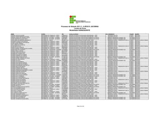 Processo de Seleção 2011.2 - ILHÉUS E JACOBINA
                                                                                             Locais de Prova
                                                                                       Modalidade SUBSEQUENTE

NOME                                   CURSO                                  RG              LOCAL DA PROVA                                     SALA    ENDEREÇO                                CIDADE     BAIRRO
LARISSA LOUP DE OLIVEIRA               SEGURANÇA DO TRABALHO - ILHÉUS         1298432103      CENTRO ESTADUAL DE EDUCAÇÃO PROFISSIONAL - CEEP        3   AVENIDA ACM 755                         ILHÉUS     MALHADO
LARISSA VERENA MEDEIROS VELOSO         SEGURANÇA DO TRABALHO - ILHÉUS         0995923396      CENTRO ESTADUAL DE EDUCAÇÃO PROFISSIONAL - CEEP        3   AVENIDA ACM 755                         ILHÉUS     MALHADO
LARISSE GONÇALVES TENORIO COSTA        INFORMÁTICA - NOTURNO - JACOBINA       1309436061      CENTRO EDUCACIONAL DEOCLECIANO BARBOSA DE CASTRO      16   PRAÇA PRESIDENTE KENNEDY 200            JACOBINA   ESTACAO
LAURA CRISTINA DE SOUZA PINTO          INFORMÁTICA - NOTURNO - JACOBINA       0951598511      CENTRO EDUCACIONAL DEOCLECIANO BARBOSA DE CASTRO      16   PRAÇA PRESIDENTE KENNEDY 200            JACOBINA   ESTACAO
LAURA MARIA DE ANDRADE NASCIMENTO      INFORMÁTICA - ILHÉUS                   09.086.2112-4   UNIVERSIDADE ESTADUAL DE SANTA CRUZ - UESC            14   RODOVIA ILHÉUS - ITABUNA BR 415 KM 16   ILHÉUS     RODOVIA ILHÉUS ITABUNA
LAURIANE EVARISTO DOS SANTOS           SEGURANÇA DO TRABALHO - ILHÉUS         0995573638      CENTRO ESTADUAL DE EDUCAÇÃO PROFISSIONAL - CEEP        3   AVENIDA ACM 755                         ILHÉUS     MALHADO
LAURIETE NASCIMENTO DOS SANTOS         SEGURANÇA DO TRABALHO - ILHÉUS         0850494842      CENTRO ESTADUAL DE EDUCAÇÃO PROFISSIONAL - CEEP        3   AVENIDA ACM 755                         ILHÉUS     MALHADO
LAURO SAMUEL MORENO                    SEGURANÇA DO TRABALHO - ILHÉUS         1124733426      CENTRO ESTADUAL DE EDUCAÇÃO PROFISSIONAL - CEEP        3   AVENIDA ACM 755                         ILHÉUS     MALHADO
LAYS LORENA SILVA SANTOS               SEGURANÇA DO TRABALHO - ILHÉUS         1417589108      CENTRO ESTADUAL DE EDUCAÇÃO PROFISSIONAL - CEEP        3   AVENIDA ACM 755                         ILHÉUS     MALHADO
LAYSE MACIEL SILVA                     INFORMÁTICA - ILHÉUS                   0912167910      UNIVERSIDADE ESTADUAL DE SANTA CRUZ - UESC            14   RODOVIA ILHÉUS - ITABUNA BR 415 KM 16   ILHÉUS     RODOVIA ILHÉUS ITABUNA
LAZARO DA SILVA SANTOS                 SEGURANÇA DO TRABALHO - ILHÉUS         0892560690      CENTRO ESTADUAL DE EDUCAÇÃO PROFISSIONAL - CEEP        3   AVENIDA ACM 755                         ILHÉUS     MALHADO
LÁZARO EMANUEL RODRIGUES DE OLIVEIRA   SEGURANÇA DO TRABALHO - ILHÉUS         1388778661      CENTRO ESTADUAL DE EDUCAÇÃO PROFISSIONAL - CEEP        3   AVENIDA ACM 755                         ILHÉUS     MALHADO
LAZARO MAIA DE OLIVEIRAJO              INFORMÁTICA - VESPERTINO - JACOBINA    1473656605      CENTRO EDUCACIONAL DEOCLECIANO BARBOSA DE CASTRO       4   PRAÇA PRESIDENTE KENNEDY 200            JACOBINA   ESTACAO
LÁZARO VIROLLI CHAVES                  SEGURANÇA DO TRABALHO - ILHÉUS         0801465389      CENTRO ESTADUAL DE EDUCAÇÃO PROFISSIONAL - CEEP        3   AVENIDA ACM 755                         ILHÉUS     MALHADO
LEANDRA ASSIS DOS SANTOS               SEGURANÇA DO TRABALHO - ILHÉUS         050231270       CENTRO ESTADUAL DE EDUCAÇÃO PROFISSIONAL - CEEP        3   AVENIDA ACM 755                         ILHÉUS     MALHADO
LEANDRA DE OLIVEIRA LEÃO               SEGURANÇA DO TRABALHO - ILHÉUS         0961998733      CENTRO ESTADUAL DE EDUCAÇÃO PROFISSIONAL - CEEP        3   AVENIDA ACM 755                         ILHÉUS     MALHADO
LEANDRA DOS SANTOS ALMEIDA             SEGURANÇA DO TRABALHO - ILHÉUS         1173115374      CENTRO ESTADUAL DE EDUCAÇÃO PROFISSIONAL - CEEP        3   AVENIDA ACM 755                         ILHÉUS     MALHADO
LEANDRO ANDRADE DE ALMEIDA             SEGURANÇA DO TRABALHO - ILHÉUS         0935946586      CENTRO ESTADUAL DE EDUCAÇÃO PROFISSIONAL - CEEP        3   AVENIDA ACM 755                         ILHÉUS     MALHADO
LEANDRO ARAUJO RIOS DA SILVA           INFORMÁTICA - NOTURNO - JACOBINA       1173551433      CENTRO EDUCACIONAL DEOCLECIANO BARBOSA DE CASTRO      16   PRAÇA PRESIDENTE KENNEDY 200            JACOBINA   ESTACAO
LEANDRO BORBA FERREIRA DE SOUZA        INFORMÁTICA - ILHÉUS                   1378964098      UNIVERSIDADE ESTADUAL DE SANTA CRUZ - UESC            14   RODOVIA ILHÉUS - ITABUNA BR 415 KM 16   ILHÉUS     RODOVIA ILHÉUS ITABUNA
LEANDRO DA CRUZ SANTOS                 SEGURANÇA DO TRABALHO - ILHÉUS         0656544040      CENTRO ESTADUAL DE EDUCAÇÃO PROFISSIONAL - CEEP        3   AVENIDA ACM 755                         ILHÉUS     MALHADO
LEANDRO DA SILVA                       INFORMÁTICA - VESPERTINO - JACOBINA    1545508682      CENTRO EDUCACIONAL DEOCLECIANO BARBOSA DE CASTRO       4   PRAÇA PRESIDENTE KENNEDY 200            JACOBINA   ESTACAO
LEANDRO DE SA BARBOSA                  SEGURANÇA DO TRABALHO - ILHÉUS         1142858456      CENTRO ESTADUAL DE EDUCAÇÃO PROFISSIONAL - CEEP        3   AVENIDA ACM 755                         ILHÉUS     MALHADO
LEANDRO DOS SANTOS CAMPOS              SEGURANÇA DO TRABALHO - ILHÉUS         0967751225      CENTRO ESTADUAL DE EDUCAÇÃO PROFISSIONAL - CEEP        3   AVENIDA ACM 755                         ILHÉUS     MALHADO
LEANDRO DOS SANTOS DE ABREU            SEGURANÇA DO TRABALHO - ILHÉUS         984696148       CENTRO ESTADUAL DE EDUCAÇÃO PROFISSIONAL - CEEP        3   AVENIDA ACM 755                         ILHÉUS     MALHADO
LEANDRO ENCARNAÇÃO DOS SANTOS          SEGURANÇA DO TRABALHO - ILHÉUS         0844442585      CENTRO ESTADUAL DE EDUCAÇÃO PROFISSIONAL - CEEP        3   AVENIDA ACM 755                         ILHÉUS     MALHADO
LEANDRO MOTA DOS SANTOS                INFORMÁTICA - ILHÉUS                   1150242710      UNIVERSIDADE ESTADUAL DE SANTA CRUZ - UESC            14   RODOVIA ILHÉUS - ITABUNA BR 415 KM 16   ILHÉUS     RODOVIA ILHÉUS ITABUNA
LEANDRO PEREIRA SANTOS                 SEGURANÇA DO TRABALHO - ILHÉUS         1276094906      CENTRO ESTADUAL DE EDUCAÇÃO PROFISSIONAL - CEEP        3   AVENIDA ACM 755                         ILHÉUS     MALHADO
LEANDRO QUEIROZ DAS VIRGENS            SEGURANÇA DO TRABALHO - ILHÉUS         1609471709      CENTRO ESTADUAL DE EDUCAÇÃO PROFISSIONAL - CEEP        3   AVENIDA ACM 755                         ILHÉUS     MALHADO
LEANDRO RODRIGUES NASCIMENTO LAZARO    SEGURANÇA DO TRABALHO - ILHÉUS         1138845590      CENTRO ESTADUAL DE EDUCAÇÃO PROFISSIONAL - CEEP        3   AVENIDA ACM 755                         ILHÉUS     MALHADO
LEANDRO SANTANA CERQUEIRA              INFORMÁTICA - ILHÉUS                   0940088924      UNIVERSIDADE ESTADUAL DE SANTA CRUZ - UESC            14   RODOVIA ILHÉUS - ITABUNA BR 415 KM 16   ILHÉUS     RODOVIA ILHÉUS ITABUNA
LEANDRO SANTOS DA SILVA                SEGURANÇA DO TRABALHO - ILHÉUS         1131014499      CENTRO ESTADUAL DE EDUCAÇÃO PROFISSIONAL - CEEP        3   AVENIDA ACM 755                         ILHÉUS     MALHADO
LEANDRO SANTOS DE SANTANA              SEGURANÇA DO TRABALHO - ILHÉUS         1140747398      CENTRO ESTADUAL DE EDUCAÇÃO PROFISSIONAL - CEEP        3   AVENIDA ACM 755                         ILHÉUS     MALHADO
LEANDRO SILVA ALVES CORDEIRO           INFORMÁTICA - VESPERTINO - JACOBINA    1408385627      CENTRO EDUCACIONAL DEOCLECIANO BARBOSA DE CASTRO       4   PRAÇA PRESIDENTE KENNEDY 200            JACOBINA   ESTACAO
LEANDRO SILVA FERREIRA                 INFORMÁTICA - NOTURNO - JACOBINA       1498474160      CENTRO EDUCACIONAL DEOCLECIANO BARBOSA DE CASTRO      16   PRAÇA PRESIDENTE KENNEDY 200            JACOBINA   ESTACAO
LEANDRO SILVA NASCIMENTO               SEGURANÇA DO TRABALHO - ILHÉUS         1458335429      CENTRO ESTADUAL DE EDUCAÇÃO PROFISSIONAL - CEEP        3   AVENIDA ACM 755                         ILHÉUS     MALHADO
LEANDRO SILVA SOUSA DOS SANTOS         SEGURANÇA DO TRABALHO - ILHÉUS         1526788241      CENTRO ESTADUAL DE EDUCAÇÃO PROFISSIONAL - CEEP        3   AVENIDA ACM 755                         ILHÉUS     MALHADO
LEANDRO SOUZA DE QUEIROZ               INFORMÁTICA - ILHÉUS                   0840912587      UNIVERSIDADE ESTADUAL DE SANTA CRUZ - UESC            14   RODOVIA ILHÉUS - ITABUNA BR 415 KM 16   ILHÉUS     RODOVIA ILHÉUS ITABUNA
LEANDRO SOUZA DOS SANTOS               SEGURANÇA DO TRABALHO - ILHÉUS         1158198434      CENTRO ESTADUAL DE EDUCAÇÃO PROFISSIONAL - CEEP        4   AVENIDA ACM 755                         ILHÉUS     MALHADO
LEDIANE SANTOS DE ALMEIDA              SEGURANÇA DO TRABALHO - ILHÉUS         1422329046      CENTRO ESTADUAL DE EDUCAÇÃO PROFISSIONAL - CEEP        4   AVENIDA ACM 755                         ILHÉUS     MALHADO
LÉIA RAQUEL DE SOUZA REIS SANTOS       INFORMÁTICA - ILHÉUS                   1489043195      UNIVERSIDADE ESTADUAL DE SANTA CRUZ - UESC            15   RODOVIA ILHÉUS - ITABUNA BR 415 KM 16   ILHÉUS     RODOVIA ILHÉUS ITABUNA
LEIDIANE OLIVEIRA COELHO               INFORMÁTICA - NOTURNO - JACOBINA       1557234213      CENTRO EDUCACIONAL DEOCLECIANO BARBOSA DE CASTRO      16   PRAÇA PRESIDENTE KENNEDY 200            JACOBINA   ESTACAO
LEIDIANE REIS SILVA                    SEGURANÇA DO TRABALHO - ILHÉUS         1517295734      CENTRO ESTADUAL DE EDUCAÇÃO PROFISSIONAL - CEEP        4   AVENIDA ACM 755                         ILHÉUS     MALHADO
LEIDINALVA GONÇALVES DOS SANTOS        INFORMÁTICA - NOTURNO - JACOBINA       1197828710      CENTRO EDUCACIONAL DEOCLECIANO BARBOSA DE CASTRO      16   PRAÇA PRESIDENTE KENNEDY 200            JACOBINA   ESTACAO
LEILA DO NASCIMENTO SILVA              INFORMÁTICA - ILHÉUS                   01478693665     UNIVERSIDADE ESTADUAL DE SANTA CRUZ - UESC            15   RODOVIA ILHÉUS - ITABUNA BR 415 KM 16   ILHÉUS     RODOVIA ILHÉUS ITABUNA
LEILA DOS SANTOS MARTINS               SEGURANÇA DO TRABALHO - ILHÉUS         1155706323      CENTRO ESTADUAL DE EDUCAÇÃO PROFISSIONAL - CEEP        4   AVENIDA ACM 755                         ILHÉUS     MALHADO
LEILA KELLY CHAVES LIMA                INFORMÁTICA - ILHÉUS                   1398835684      UNIVERSIDADE ESTADUAL DE SANTA CRUZ - UESC            15   RODOVIA ILHÉUS - ITABUNA BR 415 KM 16   ILHÉUS     RODOVIA ILHÉUS ITABUNA
LEILA SANTOS FARIAS                    SEGURANÇA DO TRABALHO - ILHÉUS         1148661980      CENTRO ESTADUAL DE EDUCAÇÃO PROFISSIONAL - CEEP        4   AVENIDA ACM 755                         ILHÉUS     MALHADO
LEILA SORAIA D EJESUS BATISTA          INFORMÁTICA - NOTURNO - JACOBINA       1584316420      CENTRO EDUCACIONAL DEOCLECIANO BARBOSA DE CASTRO      16   PRAÇA PRESIDENTE KENNEDY 200            JACOBINA   ESTACAO
LEILIANE CONCEIÇÃO COSTA               INFORMÁTICA - ILHÉUS                   6477670         UNIVERSIDADE ESTADUAL DE SANTA CRUZ - UESC            15   RODOVIA ILHÉUS - ITABUNA BR 415 KM 16   ILHÉUS     RODOVIA ILHÉUS ITABUNA
LEILIANE SANTANA DO NASCIMENTO         SEGURANÇA DO TRABALHO - ILHÉUS         1380495059      CENTRO ESTADUAL DE EDUCAÇÃO PROFISSIONAL - CEEP        4   AVENIDA ACM 755                         ILHÉUS     MALHADO
LEILIANE SANTOS GONÇALVES              SEGURANÇA DO TRABALHO - ILHÉUS         13926962-24     CENTRO ESTADUAL DE EDUCAÇÃO PROFISSIONAL - CEEP        4   AVENIDA ACM 755                         ILHÉUS     MALHADO
LEILIANE SILVA DOS SANTOS              INFORMÁTICA - NOTURNO - JACOBINA       1489557321      CENTRO EDUCACIONAL DEOCLECIANO BARBOSA DE CASTRO      16   PRAÇA PRESIDENTE KENNEDY 200            JACOBINA   ESTACAO
LEILIANE TAVARES DE SOUZA NERIS        INFORMÁTICA - NOTURNO - JACOBINA       1313157309      CENTRO EDUCACIONAL DEOCLECIANO BARBOSA DE CASTRO      17   PRAÇA PRESIDENTE KENNEDY 200            JACOBINA   ESTACAO




                                                                                                          Página 49 de 89
 