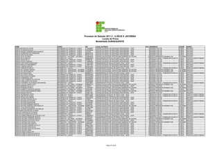 Processo de Seleção 2011.2 - ILHÉUS E JACOBINA
                                                                                               Locais de Prova
                                                                                         Modalidade SUBSEQUENTE

NOME                                     CURSO                                  RG           LOCAL DA PROVA                                     SALA    ENDEREÇO                                CIDADE     BAIRRO
MARCIA MATEUS DE JESUS                   SEGURANÇA DO TRABALHO - ILHÉUS         1194299857   CENTRO ESTADUAL DE EDUCAÇÃO PROFISSIONAL - CEEP        9   AVENIDA ACM 755                         ILHÉUS     MALHADO
MÁRCIA OLIVEIRA DA SILVA                 SEGURANÇA DO TRABALHO - ILHÉUS         1402486685   CENTRO ESTADUAL DE EDUCAÇÃO PROFISSIONAL - CEEP        9   AVENIDA ACM 755                         ILHÉUS     MALHADO
MÁRCIA REGINA FERREIRA SANTOS BRITO      SEGURANÇA DO TRABALHO - ILHÉUS         3191832      CENTRO ESTADUAL DE EDUCAÇÃO PROFISSIONAL - CEEP        9   AVENIDA ACM 755                         ILHÉUS     MALHADO
MARCIA RODRIGUES DA CONCEIÇÃO            SEGURANÇA DO TRABALHO - ILHÉUS         0958432724   CENTRO ESTADUAL DE EDUCAÇÃO PROFISSIONAL - CEEP        9   AVENIDA ACM 755                         ILHÉUS     MALHADO
MÁRCIA SANTOS SILVEIRA                   SEGURANÇA DO TRABALHO - ILHÉUS         0818215143   CENTRO ESTADUAL DE EDUCAÇÃO PROFISSIONAL - CEEP        9   AVENIDA ACM 755                         ILHÉUS     MALHADO
MARCIA SILVA DE MELO                     INFORMÁTICA - NOTURNO - JACOBINA       1458209202   CENTRO EDUCACIONAL DEOCLECIANO BARBOSA DE CASTRO      18   PRAÇA PRESIDENTE KENNEDY 200            JACOBINA   ESTACAO
MARCIA SILVA SANTOS                      INFORMÁTICA - ILHÉUS                   0889284202   UNIVERSIDADE ESTADUAL DE SANTA CRUZ - UESC            17   RODOVIA ILHÉUS - ITABUNA BR 415 KM 16   ILHÉUS     RODOVIA ILHÉUS ITABUNA
MARCIA SOUZA SILVA                       SEGURANÇA DO TRABALHO - ILHÉUS         487886780    CENTRO ESTADUAL DE EDUCAÇÃO PROFISSIONAL - CEEP        9   AVENIDA ACM 755                         ILHÉUS     MALHADO
MARCIA SOUZA ZORANTE                     SEGURANÇA DO TRABALHO - ILHÉUS         1136992553   CENTRO ESTADUAL DE EDUCAÇÃO PROFISSIONAL - CEEP        9   AVENIDA ACM 755                         ILHÉUS     MALHADO
MARCIEL DOS SANTOS BERGENS               INFORMÁTICA - ILHÉUS                   1326372009   UNIVERSIDADE ESTADUAL DE SANTA CRUZ - UESC            17   RODOVIA ILHÉUS - ITABUNA BR 415 KM 16   ILHÉUS     RODOVIA ILHÉUS ITABUNA
MARCIO BRAZ DO NASCIMENTO                SEGURANÇA DO TRABALHO - ILHÉUS         1128671387   CENTRO ESTADUAL DE EDUCAÇÃO PROFISSIONAL - CEEP        9   AVENIDA ACM 755                         ILHÉUS     MALHADO
MARCIO CAMPOS SANTOS                     SEGURANÇA DO TRABALHO - ILHÉUS         0815216009   CENTRO ESTADUAL DE EDUCAÇÃO PROFISSIONAL - CEEP        9   AVENIDA ACM 755                         ILHÉUS     MALHADO
MARCIO CRISPIM DE MELLO                  INFORMÁTICA - ILHÉUS                   0976320827   UNIVERSIDADE ESTADUAL DE SANTA CRUZ - UESC            17   RODOVIA ILHÉUS - ITABUNA BR 415 KM 16   ILHÉUS     RODOVIA ILHÉUS ITABUNA
MARCIO DE ALMEIDA SANTOS                 INFORMÁTICA - VESPERTINO - JACOBINA    1165526972   CENTRO EDUCACIONAL DEOCLECIANO BARBOSA DE CASTRO       4   PRAÇA PRESIDENTE KENNEDY 200            JACOBINA   ESTACAO
MARCIO DE JESUS SANTOS                   INFORMÁTICA - VESPERTINO - JACOBINA    1553626079   CENTRO EDUCACIONAL DEOCLECIANO BARBOSA DE CASTRO       4   PRAÇA PRESIDENTE KENNEDY 200            JACOBINA   ESTACAO
MÁRCIO DE SOUSA REIS                     INFORMÁTICA - ILHÉUS                   0806856173   UNIVERSIDADE ESTADUAL DE SANTA CRUZ - UESC            17   RODOVIA ILHÉUS - ITABUNA BR 415 KM 16   ILHÉUS     RODOVIA ILHÉUS ITABUNA
MARCIO DE SOUZA FARIAS                   SEGURANÇA DO TRABALHO - ILHÉUS         0924207884   CENTRO ESTADUAL DE EDUCAÇÃO PROFISSIONAL - CEEP        9   AVENIDA ACM 755                         ILHÉUS     MALHADO
MÁRCIO DOS ANJOS OLIVEIRA                SEGURANÇA DO TRABALHO - ILHÉUS         0414703200   CENTRO ESTADUAL DE EDUCAÇÃO PROFISSIONAL - CEEP        9   AVENIDA ACM 755                         ILHÉUS     MALHADO
MÁRCIO FERNANDES LIMA                    SEGURANÇA DO TRABALHO - ILHÉUS         0975868039   CENTRO ESTADUAL DE EDUCAÇÃO PROFISSIONAL - CEEP        9   AVENIDA ACM 755                         ILHÉUS     MALHADO
MARCIO JOSE FERREIRA DO SANTOS           SEGURANÇA DO TRABALHO - ILHÉUS         0822265044   CENTRO ESTADUAL DE EDUCAÇÃO PROFISSIONAL - CEEP        9   AVENIDA ACM 755                         ILHÉUS     MALHADO
MÁRCIO JOSÉ QUINTO DE SOUZA              SEGURANÇA DO TRABALHO - ILHÉUS         0975655809   CENTRO ESTADUAL DE EDUCAÇÃO PROFISSIONAL - CEEP        9   AVENIDA ACM 755                         ILHÉUS     MALHADO
MÁRCIO LEONARDO VILAS BOAS DOS SANTOS    INFORMÁTICA - ILHÉUS                   1488126941   UNIVERSIDADE ESTADUAL DE SANTA CRUZ - UESC            17   RODOVIA ILHÉUS - ITABUNA BR 415 KM 16   ILHÉUS     RODOVIA ILHÉUS ITABUNA
MARCIO LUIZ DO CARMO LAGO                INFORMÁTICA - NOTURNO - JACOBINA       0598488715   CENTRO EDUCACIONAL DEOCLECIANO BARBOSA DE CASTRO      18   PRAÇA PRESIDENTE KENNEDY 200            JACOBINA   ESTACAO
MARCIO MOREIRA DA SILVA                  SEGURANÇA DO TRABALHO - ILHÉUS         14553917     CENTRO ESTADUAL DE EDUCAÇÃO PROFISSIONAL - CEEP        9   AVENIDA ACM 755                         ILHÉUS     MALHADO
MARCIO PEREIRA DE MELO                   INFORMÁTICA - NOTURNO - JACOBINA       1129455467   CENTRO EDUCACIONAL DEOCLECIANO BARBOSA DE CASTRO      18   PRAÇA PRESIDENTE KENNEDY 200            JACOBINA   ESTACAO
MARCIO ROBERTO DIAS DOS SANTOS           SEGURANÇA DO TRABALHO - ILHÉUS         762570458    CENTRO ESTADUAL DE EDUCAÇÃO PROFISSIONAL - CEEP        9   AVENIDA ACM 755                         ILHÉUS     MALHADO
MARCIO ROCHA MASCARENHAS PIRES           INFORMÁTICA - NOTURNO - JACOBINA       587990791    CENTRO EDUCACIONAL DEOCLECIANO BARBOSA DE CASTRO      18   PRAÇA PRESIDENTE KENNEDY 200            JACOBINA   ESTACAO
MARCIO ROCHA SANTOS                      SEGURANÇA DO TRABALHO - ILHÉUS         0738271691   CENTRO ESTADUAL DE EDUCAÇÃO PROFISSIONAL - CEEP        9   AVENIDA ACM 755                         ILHÉUS     MALHADO
MARCIO RODRIGUES LOPES                   INFORMÁTICA - ILHÉUS                   0865912238   UNIVERSIDADE ESTADUAL DE SANTA CRUZ - UESC            17   RODOVIA ILHÉUS - ITABUNA BR 415 KM 16   ILHÉUS     RODOVIA ILHÉUS ITABUNA
MARCIO SANTOS DE JESUS                   INFORMÁTICA - ILHÉUS                   0951435990   UNIVERSIDADE ESTADUAL DE SANTA CRUZ - UESC            17   RODOVIA ILHÉUS - ITABUNA BR 415 KM 16   ILHÉUS     RODOVIA ILHÉUS ITABUNA
MÁRCIO SOUZA DE ALMEIDA                  SEGURANÇA DO TRABALHO - ILHÉUS         1564322505   CENTRO ESTADUAL DE EDUCAÇÃO PROFISSIONAL - CEEP        9   AVENIDA ACM 755                         ILHÉUS     MALHADO
MARCO ANTONIO ARAUJO SILVA               SEGURANÇA DO TRABALHO - ILHÉUS         1546857      CENTRO ESTADUAL DE EDUCAÇÃO PROFISSIONAL - CEEP        9   AVENIDA ACM 755                         ILHÉUS     MALHADO
MARCO ANTONIO DE OLIVEIRA                INFORMÁTICA - ILHÉUS                   0419570594   UNIVERSIDADE ESTADUAL DE SANTA CRUZ - UESC            17   RODOVIA ILHÉUS - ITABUNA BR 415 KM 16   ILHÉUS     RODOVIA ILHÉUS ITABUNA
MARCO ANTÔNIO MARANDUBA                  SEGURANÇA DO TRABALHO - ILHÉUS         2001864264   CENTRO ESTADUAL DE EDUCAÇÃO PROFISSIONAL - CEEP        9   AVENIDA ACM 755                         ILHÉUS     MALHADO
MARCO ANTONIO MIRANDA SANTOS             SEGURANÇA DO TRABALHO - ILHÉUS         380753260    CENTRO ESTADUAL DE EDUCAÇÃO PROFISSIONAL - CEEP        9   AVENIDA ACM 755                         ILHÉUS     MALHADO
MARCO ANTONIO PEREIRA VASCONCELOS        INFORMÁTICA - VESPERTINO - JACOBINA    0669621021   CENTRO EDUCACIONAL DEOCLECIANO BARBOSA DE CASTRO       4   PRAÇA PRESIDENTE KENNEDY 200            JACOBINA   ESTACAO
MARCO TÚLIO SANTOS GÓES                  SEGURANÇA DO TRABALHO - ILHÉUS         0745531865   CENTRO ESTADUAL DE EDUCAÇÃO PROFISSIONAL - CEEP        9   AVENIDA ACM 755                         ILHÉUS     MALHADO
MARCO VALERIO NASCIMENTO DE ARAUJO       SEGURANÇA DO TRABALHO - ILHÉUS         3547863      CENTRO ESTADUAL DE EDUCAÇÃO PROFISSIONAL - CEEP        9   AVENIDA ACM 755                         ILHÉUS     MALHADO
MARCONDES SANTOS DE OLIVEIRA             SEGURANÇA DO TRABALHO - ILHÉUS         0407801987   CENTRO ESTADUAL DE EDUCAÇÃO PROFISSIONAL - CEEP        9   AVENIDA ACM 755                         ILHÉUS     MALHADO
MARCONI CARDOSO DE OLIVEIRA              SEGURANÇA DO TRABALHO - ILHÉUS         565900757    CENTRO ESTADUAL DE EDUCAÇÃO PROFISSIONAL - CEEP        9   AVENIDA ACM 755                         ILHÉUS     MALHADO
MARCOS ALEX QUINTO DE SOUZA              INFORMÁTICA - ILHÉUS                   5582904      UNIVERSIDADE ESTADUAL DE SANTA CRUZ - UESC            17   RODOVIA ILHÉUS - ITABUNA BR 415 KM 16   ILHÉUS     RODOVIA ILHÉUS ITABUNA
MARCOS ANDRE RIBEIRO DE OLIVEIRA E PAZ   SEGURANÇA DO TRABALHO - ILHÉUS         1389884635   CENTRO ESTADUAL DE EDUCAÇÃO PROFISSIONAL - CEEP        9   AVENIDA ACM 755                         ILHÉUS     MALHADO
MARCOS ANTONIO ANDRADE SANTOS            INFORMÁTICA - ILHÉUS                   379378124    UNIVERSIDADE ESTADUAL DE SANTA CRUZ - UESC            17   RODOVIA ILHÉUS - ITABUNA BR 415 KM 16   ILHÉUS     RODOVIA ILHÉUS ITABUNA
MARCOS ANTONIO CARDOSO SANTOS            INFORMÁTICA - NOTURNO - JACOBINA       602646910    CENTRO EDUCACIONAL DEOCLECIANO BARBOSA DE CASTRO      18   PRAÇA PRESIDENTE KENNEDY 200            JACOBINA   ESTACAO
MARCOS ANTONIO DE SOUZA TELES            SEGURANÇA DO TRABALHO - ILHÉUS         0723998809   CENTRO ESTADUAL DE EDUCAÇÃO PROFISSIONAL - CEEP        9   AVENIDA ACM 755                         ILHÉUS     MALHADO
MARCOS ANTONIO DOS ANJOS                 INFORMÁTICA - VESPERTINO - JACOBINA    1445251604   CENTRO EDUCACIONAL DEOCLECIANO BARBOSA DE CASTRO       4   PRAÇA PRESIDENTE KENNEDY 200            JACOBINA   ESTACAO
MARCOS ANTONIO DOS SANTOS                SEGURANÇA DO TRABALHO - ILHÉUS         459018647    CENTRO ESTADUAL DE EDUCAÇÃO PROFISSIONAL - CEEP        9   AVENIDA ACM 755                         ILHÉUS     MALHADO
MARCOS ANTONIO PEREIRA DA SILVA          SEGURANÇA DO TRABALHO - ILHÉUS         0656212209   CENTRO ESTADUAL DE EDUCAÇÃO PROFISSIONAL - CEEP        9   AVENIDA ACM 755                         ILHÉUS     MALHADO
MARCOS ANTONIO ROSA SILVA                SEGURANÇA DO TRABALHO - ILHÉUS         1335802614   CENTRO ESTADUAL DE EDUCAÇÃO PROFISSIONAL - CEEP       10   AVENIDA ACM 755                         ILHÉUS     MALHADO
MARCOS ANTONIO SANTOS DOS REIS           SEGURANÇA DO TRABALHO - ILHÉUS         0643126740   CENTRO ESTADUAL DE EDUCAÇÃO PROFISSIONAL - CEEP       10   AVENIDA ACM 755                         ILHÉUS     MALHADO
MARCOS ANTONIO SENA                      SEGURANÇA DO TRABALHO - ILHÉUS         0258828560   CENTRO ESTADUAL DE EDUCAÇÃO PROFISSIONAL - CEEP       10   AVENIDA ACM 755                         ILHÉUS     MALHADO
MARCOS ASSIS GONÇALVES                   SEGURANÇA DO TRABALHO - ILHÉUS         0643101080   CENTRO ESTADUAL DE EDUCAÇÃO PROFISSIONAL - CEEP       10   AVENIDA ACM 755                         ILHÉUS     MALHADO
MARCOS AURELIO DIAS DOS SANTOS           SEGURANÇA DO TRABALHO - ILHÉUS         0634748750   CENTRO ESTADUAL DE EDUCAÇÃO PROFISSIONAL - CEEP       10   AVENIDA ACM 755                         ILHÉUS     MALHADO
MARCOS AURELIO SANTOS DA SILVA           INFORMÁTICA - ILHÉUS                   1285625102   UNIVERSIDADE ESTADUAL DE SANTA CRUZ - UESC            17   RODOVIA ILHÉUS - ITABUNA BR 415 KM 16   ILHÉUS     RODOVIA ILHÉUS ITABUNA




                                                                                                         Página 57 de 89
 