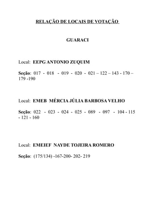RELAÇÃO DE LOCAIS DE VOTAÇÃO
GUARACI
Local: EEPG ANTONIO ZUQUIM
Seção: 017 - 018 - 019 - 020 - 021 – 122 – 143 - 170 –
179 -190
Local: EMEB MÉRCIA JÚLIA BARBOSA VELHO
Seção: 022 - 023 - 024 - 025 - 089 - 097 - 104 - 115
- 121 - 160
Local: EMEIEF NAYDE TOJEIRA ROMERO
Seção: (175/134) -167-200- 202- 219
 