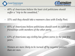 • 40% of Americans believe the least civil politicians should
suffer a “trip to the woodshed,”
• 32% said they should take a manners class with Emily Post;
 85% of Americans believe politicians should work to cultivate
friendships with members of the other party.
 63% of Americans say civility has gotten worse in the past few
years.
 Women are more likely to be turned off by negative politics
than are men.
 