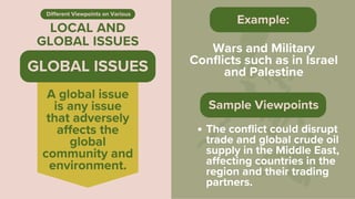 LOCAL AND
GLOBAL ISSUES
Different Viewpoints on Various
Wars and Military
Conflicts such as in Israel
and Palestine
Example:
A global issue
is any issue
that adversely
affects the
global
community and
environment.
GLOBAL ISSUES
Sample Viewpoints
The conflict could disrupt
trade and global crude oil
supply in the Middle East,
affecting countries in the
region and their trading
partners.
 