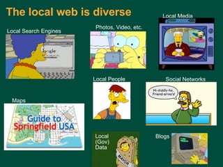 The local web is diverse Charles Lyons ( [email_address] com) – Dewey & Main – September 5, 2006 Local Search Engines Local People Photos, Video, etc. Maps Local Media Social Networks Local (Gov)  Data Blogs 
