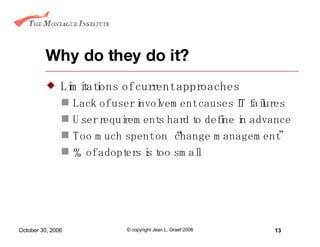 Why do they do it? Limitations of current approaches Lack of user involvement causes IT failures User requirements hard to define in advance Too much spent on “change management” % of adopters is too small 