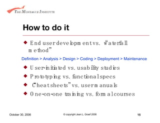 How to do it End user development vs. “waterfall method” User-initiated vs. usability studies Prototyping vs. functional specs “Cheat sheets” vs. user manuals One-on-one training vs. formal courses Definition  > Analysis  > Design > Coding > Deployment > Maintenance 
