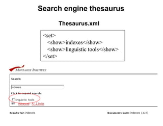 <set> <show>indexes</show> <show>linguistic tools</show> </set> Thesaurus.xml Search engine thesaurus 