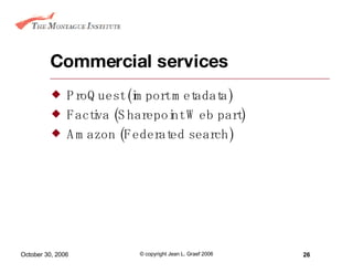 Commercial services ProQuest (import metadata) Factiva (Sharepoint Web part) Amazon (Federated search) 