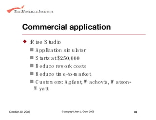 Commercial application iRise Studio Application simulator Starts at $250,000 Reduce rework costs Reduce time-to-market Customers: Agilent, Wachovia, Watson-Wyatt 