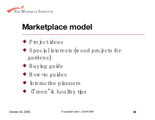 Marketplace model Project ideas Special interests (wood projects for gardens) Buying guide How-to guides Interactive planners “Green” & healthy tips 