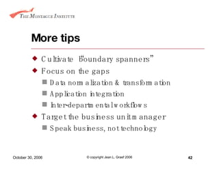 More tips Cultivate “boundary spanners” Focus on the gaps Data normalization & transformation Application integration Inter-departmental workflows Target the business unit manager Speak business, not technology 