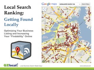 Local Search
Ranking:
Getting Found
Locally
Optimizing Your Business
Listing and Increasing
Your “Findability” Online
 