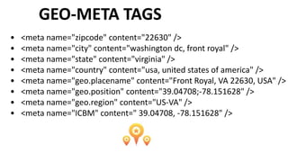 ASDFGEO-META TAGS
• <meta name="zipcode" content="22630" />
• <meta name="city" content="washington dc, front royal" />
• ...