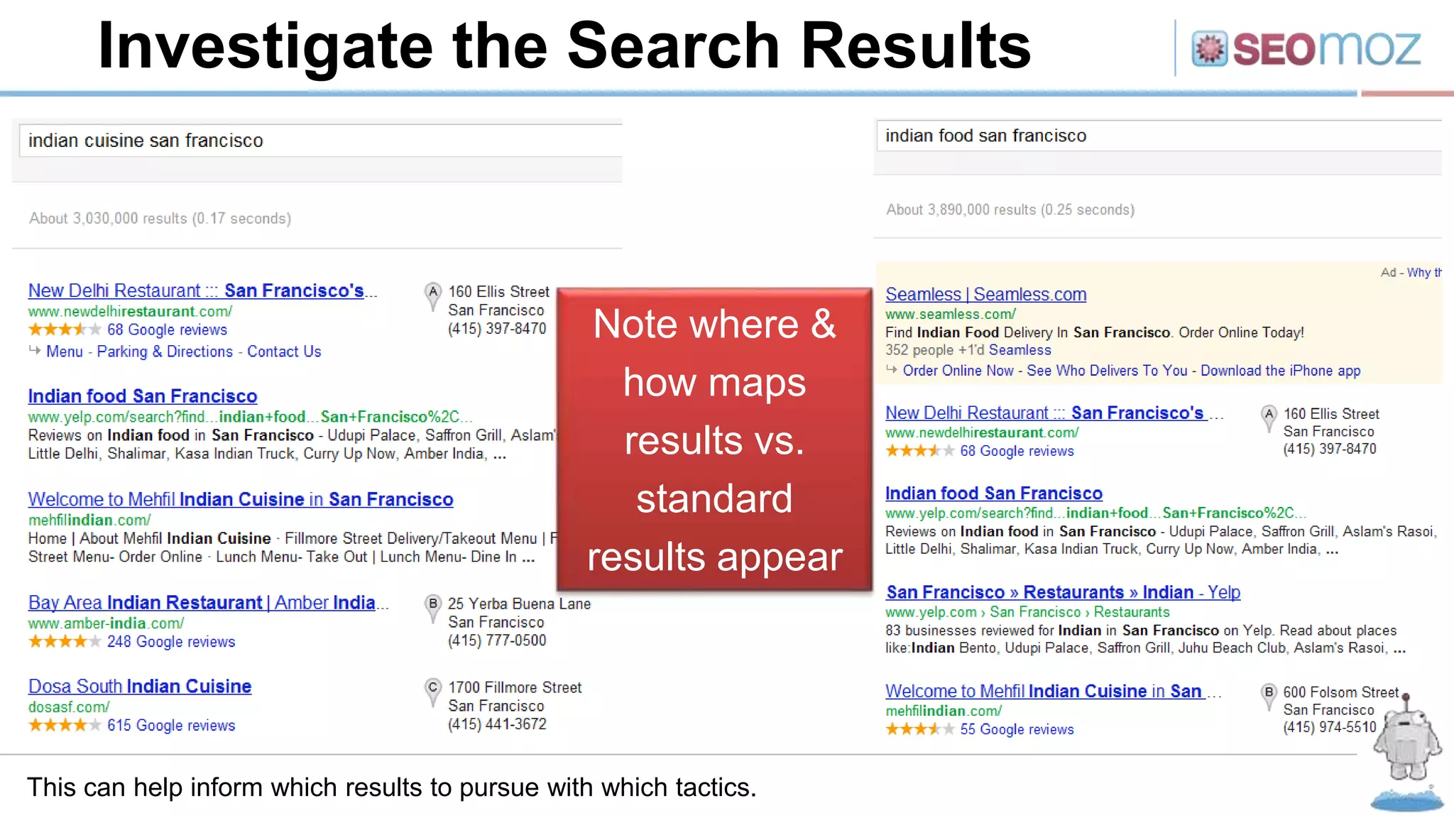 Investigate the Search Results
This can help inform which results to pursue with which tactics.
Note where &
how maps
results vs.
standard
results appear
 