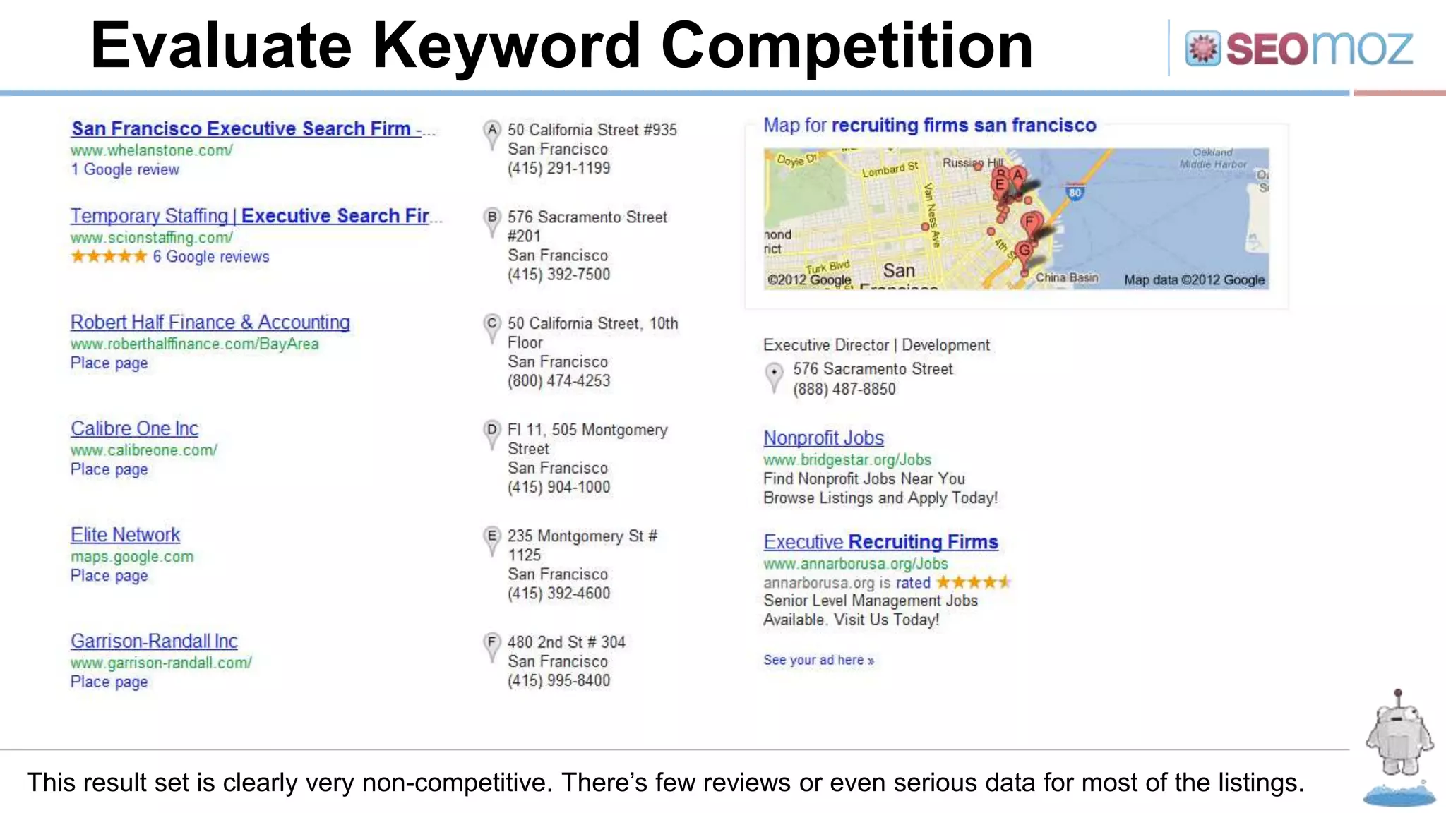 Evaluate Keyword Competition
This result set is clearly very non-competitive. There’s few reviews or even serious data for most of the listings.
 