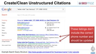 Create/Clean Unstructured Citations
Example Search Query Structure: http://www.google.com/search?q=“business+name”+”city”-...