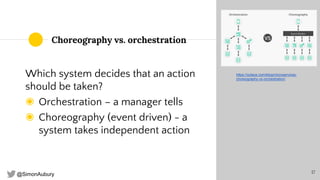 @SimonAubury
Choreography vs. orchestration
Which system decides that an action
should be taken?
◉ Orchestration – a manager tells
◉ Choreography (event driven) - a
system takes independent action
17
https://solace.com/blog/microservices-
choreography-vs-orchestration/
 