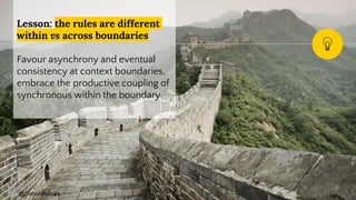 @SimonAubury
Lesson: the rules are different
within vs across boundaries
Favour asynchrony and eventual
consistency at context boundaries,
embrace the productive coupling of
synchronous within the boundary
9
 